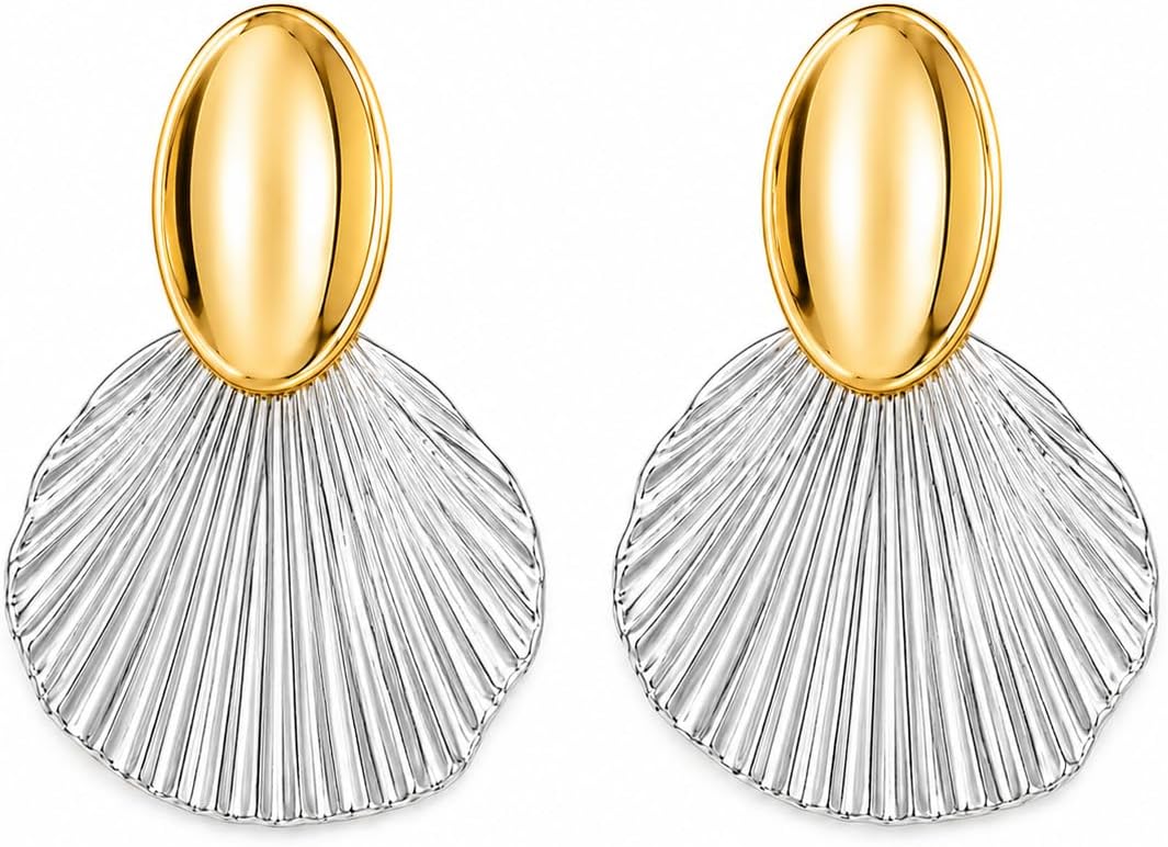 Shell Drop Earrings for Women, Gold Stud Fan Shape Dangle Earrings Beach Vacation Statement Jewelry for Summer Wear