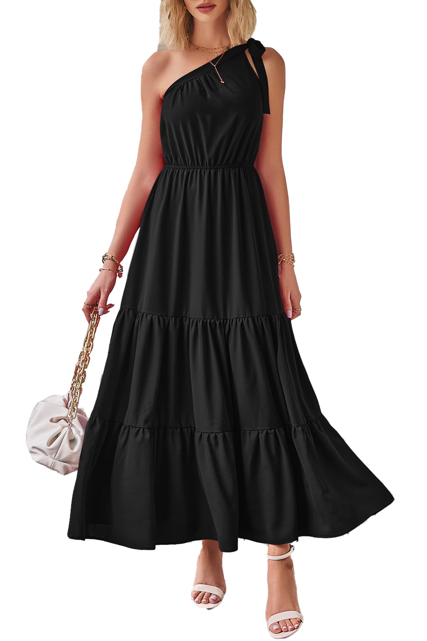 PRETTYGARDEN Women's One Shoulder Boho Floral Maxi Dress | Sleeveless Tiered A Line, Long Flowy Sundress, Tie Knot Summer Vacation Dresses, Spring Wedding Guest Outfits for Beach Party