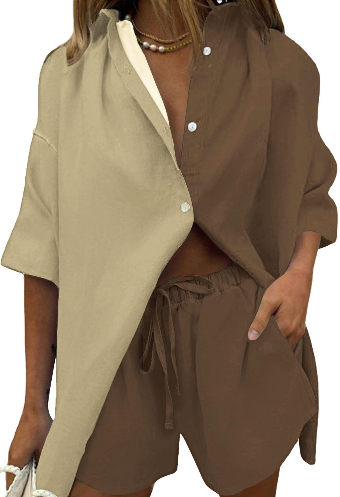 Fixmatti Women 2 Piece Outfits Long Sleeve Button Down Blouse and Shorts Sweatsuit Sets