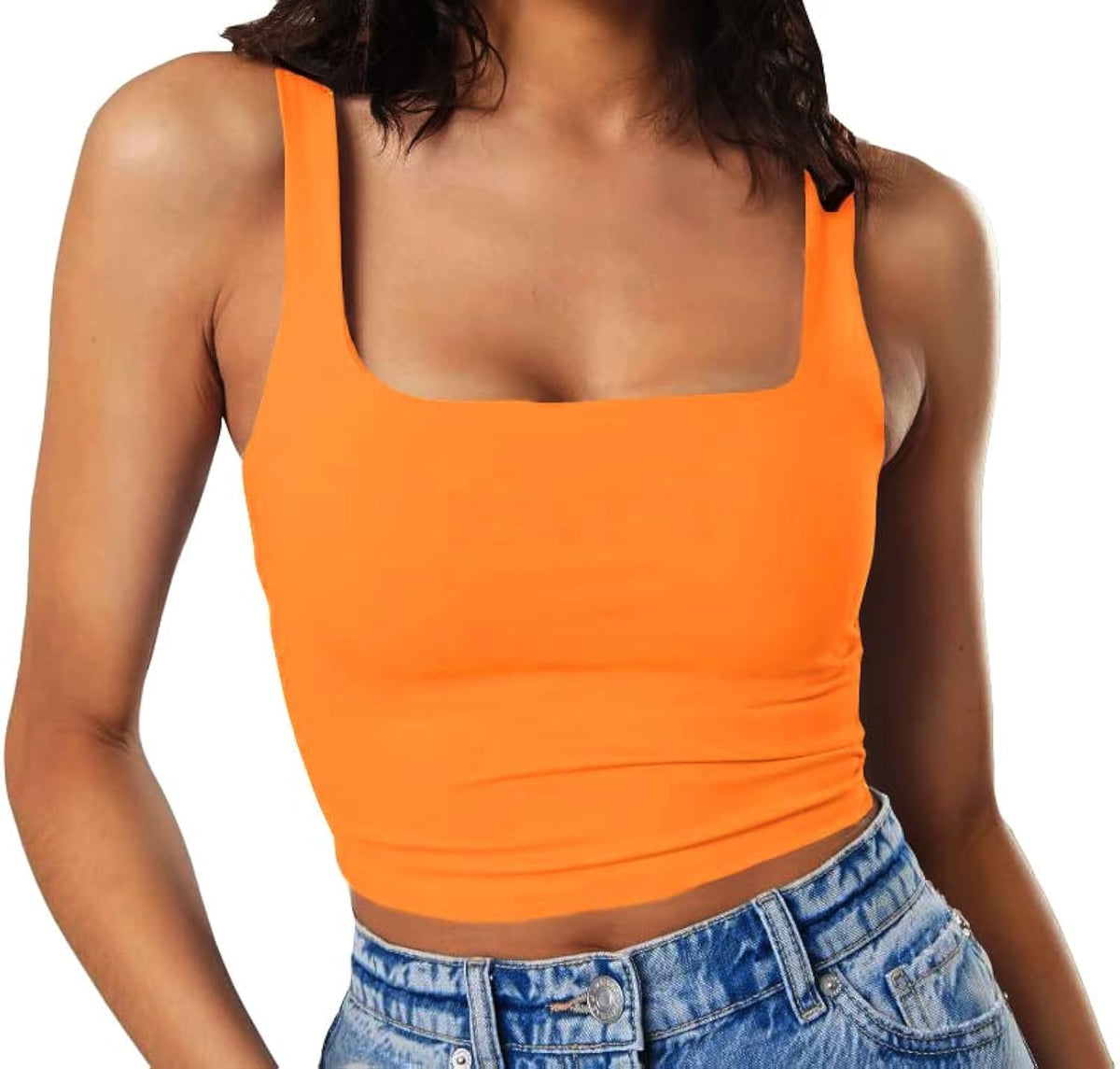 Artfish Women's Sleeveless Strappy Tank Square Neck Double Layer Workout Fitness Casual Basic Crop Tops
