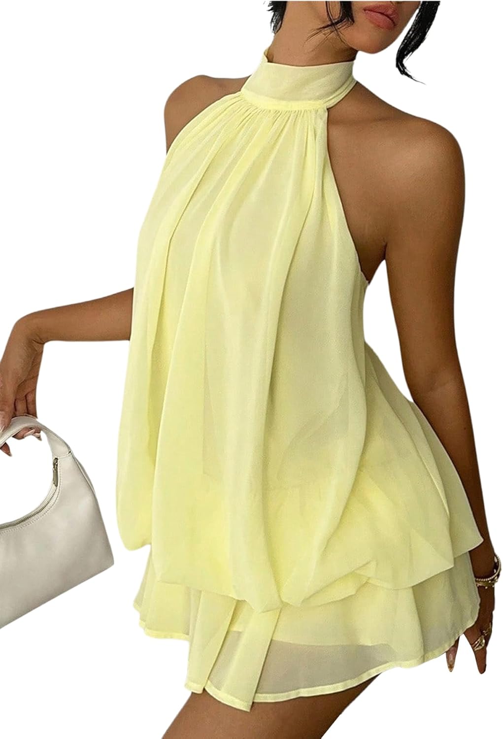 Verdusa Women's Chiffon Halter Drop Waist Flowy Wedding Guest Mini Dresses | Sleeveless, Ruffle Hem, Loose Fit, Brunch Outfits, Birthday, Going Out, Cocktail, Y2k