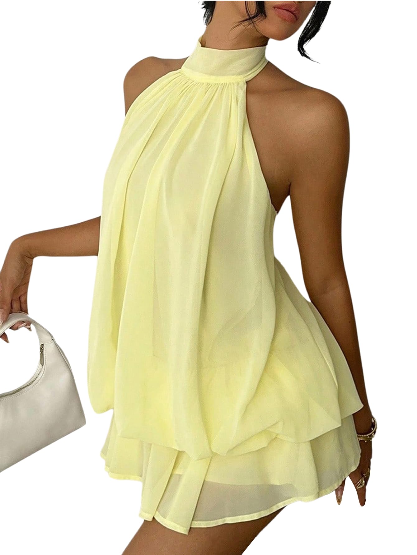 Verdusa Women's Chiffon Halter Drop Waist Flowy Wedding Guest Mini Dresses | Sleeveless, Ruffle Hem, Loose Fit, Brunch Outfits, Birthday, Going Out, Cocktail, Y2k