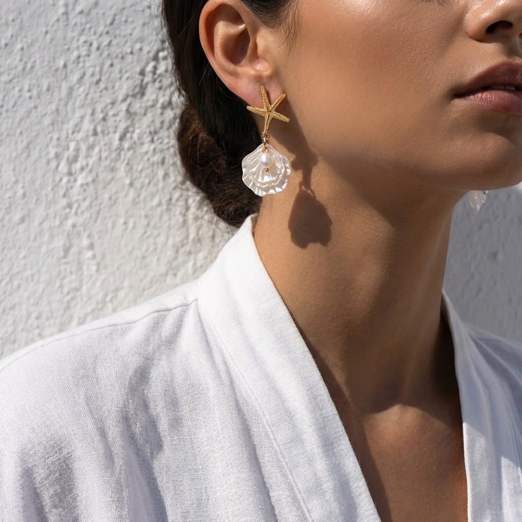 Gold Starfish Shell Earrings for Women 14K Gold Plated Pearl Shell Dangle Earrings Summer Accessories Vacation Outfits Beach Jewelry for Women