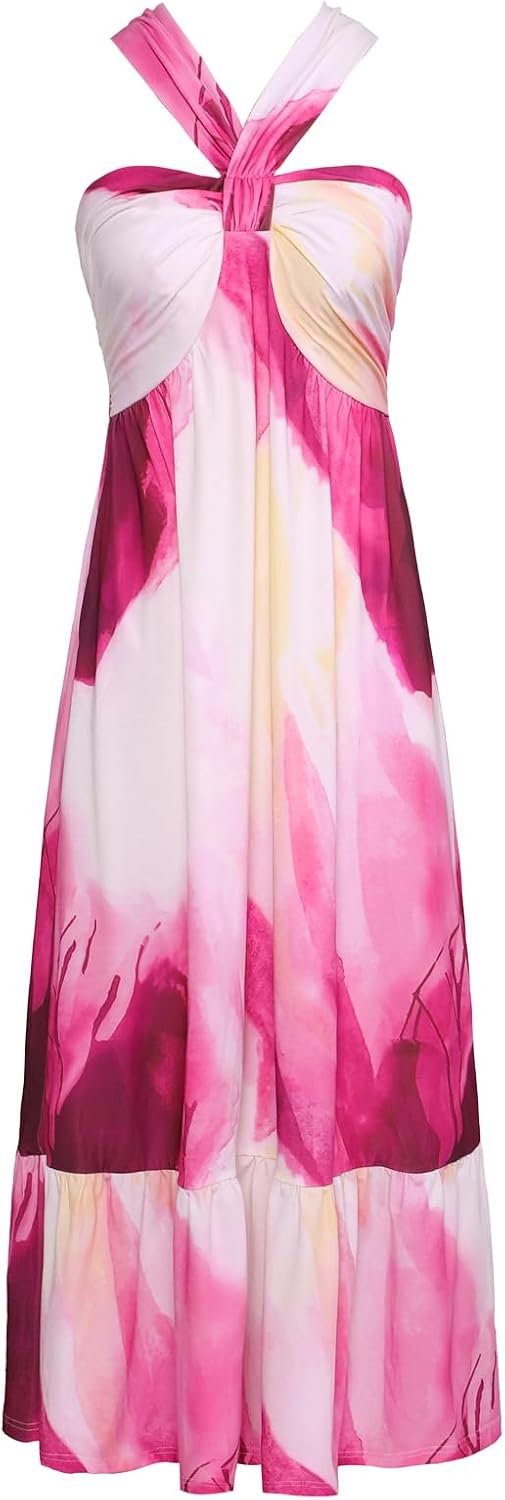 GRACE KARIN Womens Summer Floral Halter Boho Maxi Dresses | 2026 Flowy Criss Cross A Line Long Sundress Casual Tropical Vacation Beach Clothes Wedding Guest Dress With Pocket