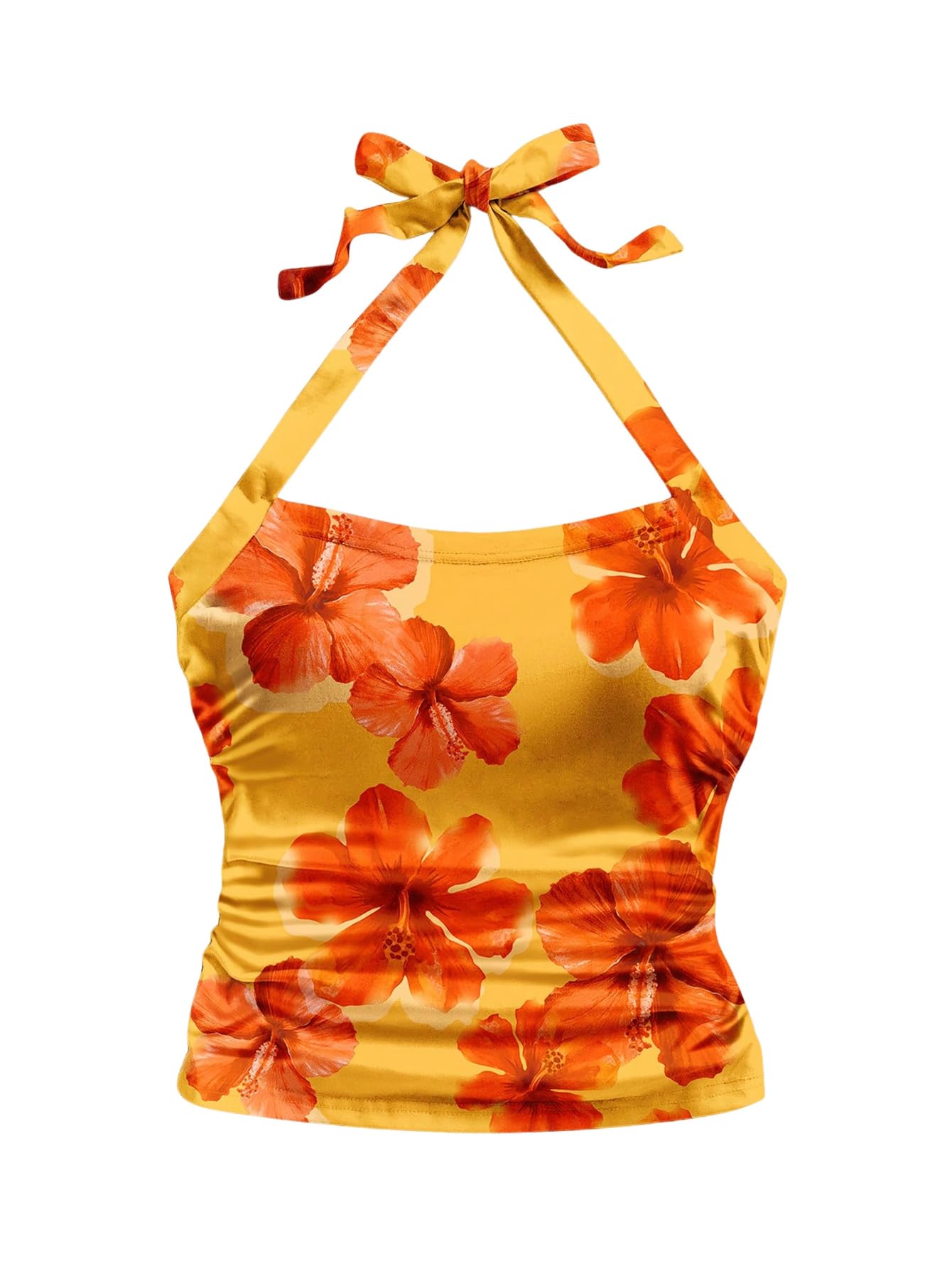 WDIRARA Women's Floral Tie Backless Ruched Halter Tops Sleeveless Beach Vacation Crop Top