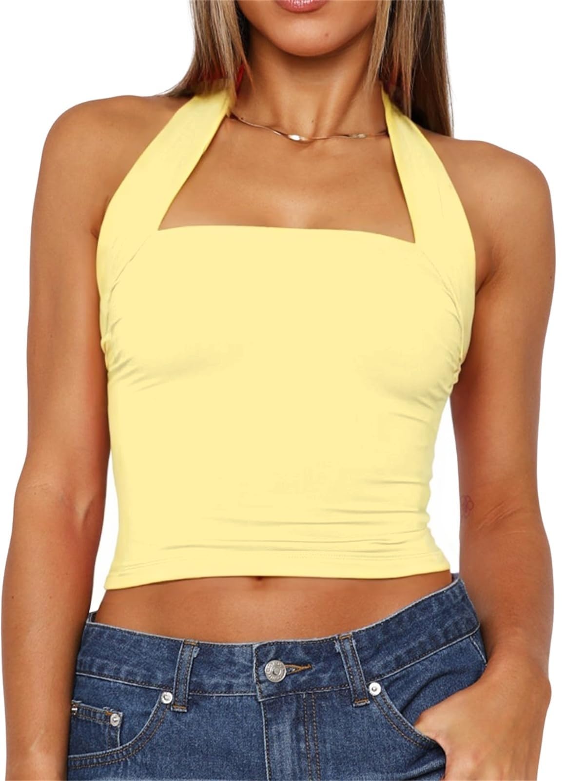 TiulZial Women Sexy Halter Neck Backless Tank Top Open Back Sleeveless Slim Fit Y2k Summer Tops