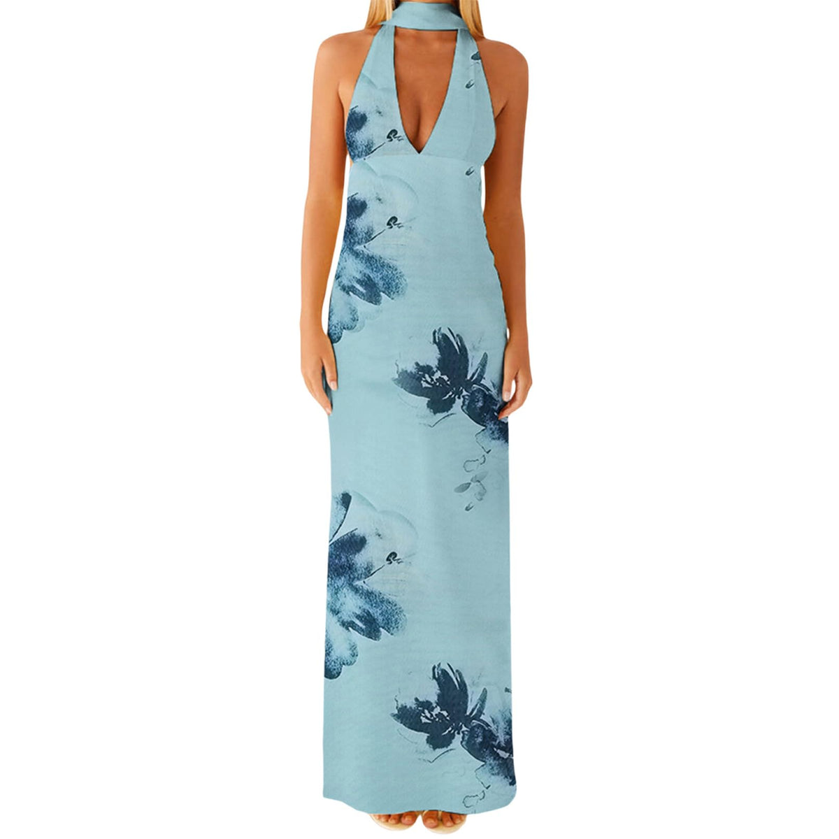 Floral Maxi Dress, Halter Dresses for Women, Deep V Neck Backless Bodycon Long Dresses