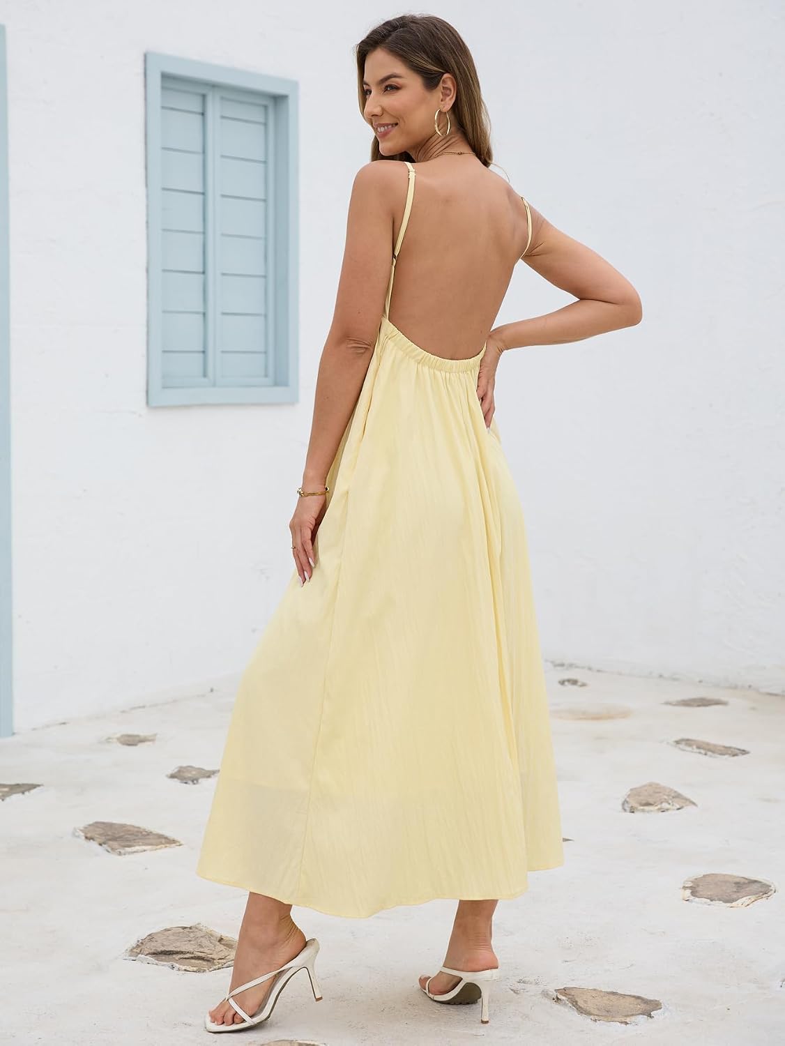 Women's Dress V Neck Backless Spaghetti Strap Maxi Flowy Sundress | Summer Vacation Casual Long Beach Boho Dresses