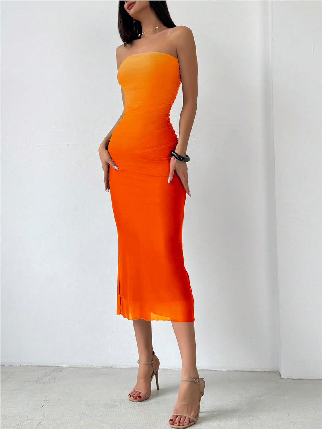 GORGLITTER Women's Sunset Ombre Strapless Cocktail Bridal Shower Midi Dress | Orange Wedding Guest Dress, Mesh Tube Dresses, Bridesmaid Sundresses, Vacation Beach Outfits