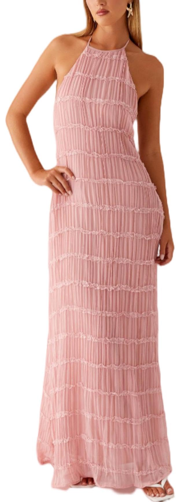 Women Halter Flowy Vacation Long Dress Sexy Sheer Ruched Backless Dress Y2k Sleeveless Beach Tiered Maxi Sundresses
