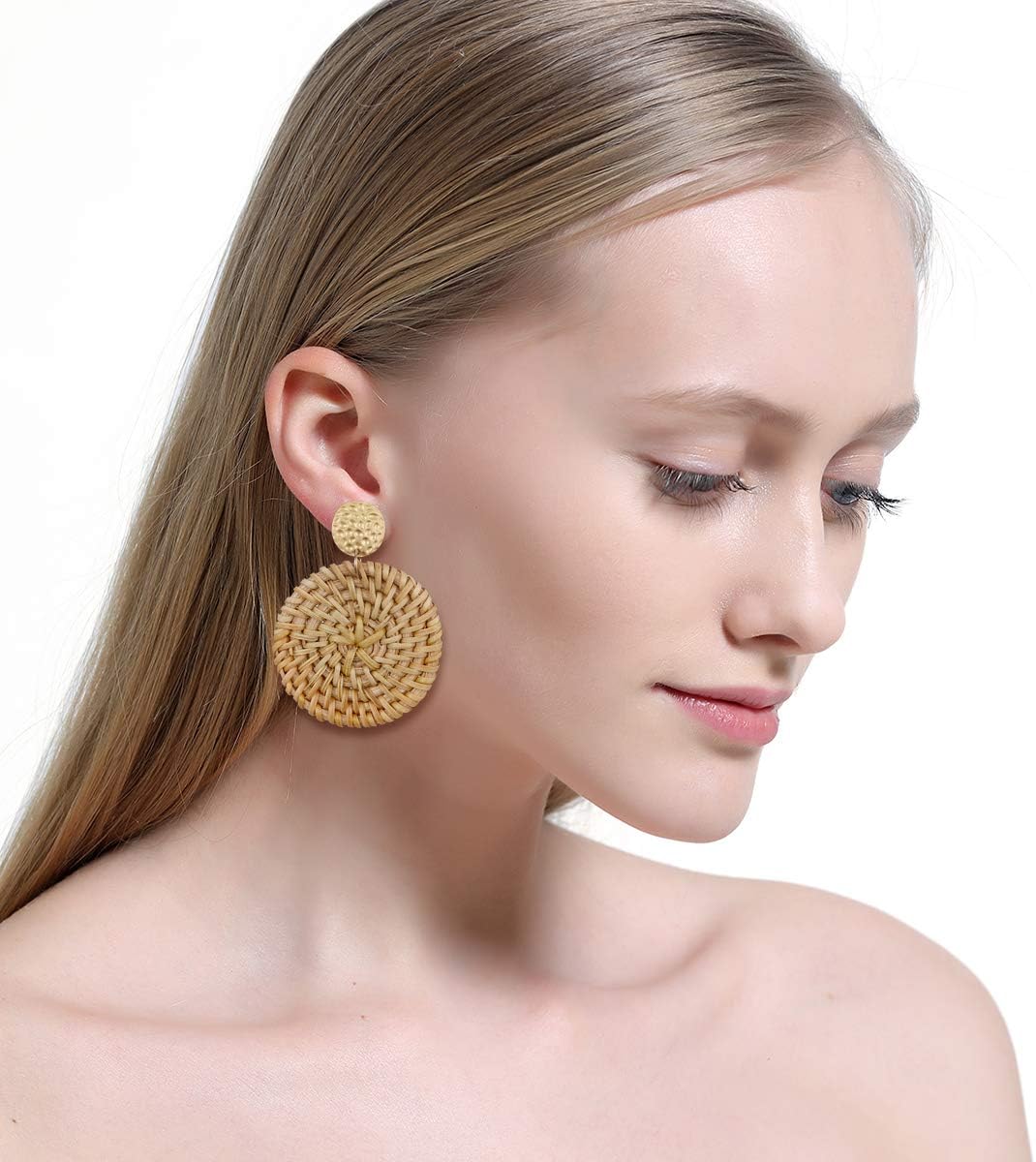 4Pairs Handmade Raffia Summer Beach Bohemian Earrings Statement Tropical Round Teardrop Rattan Dangle Earrings for Women
