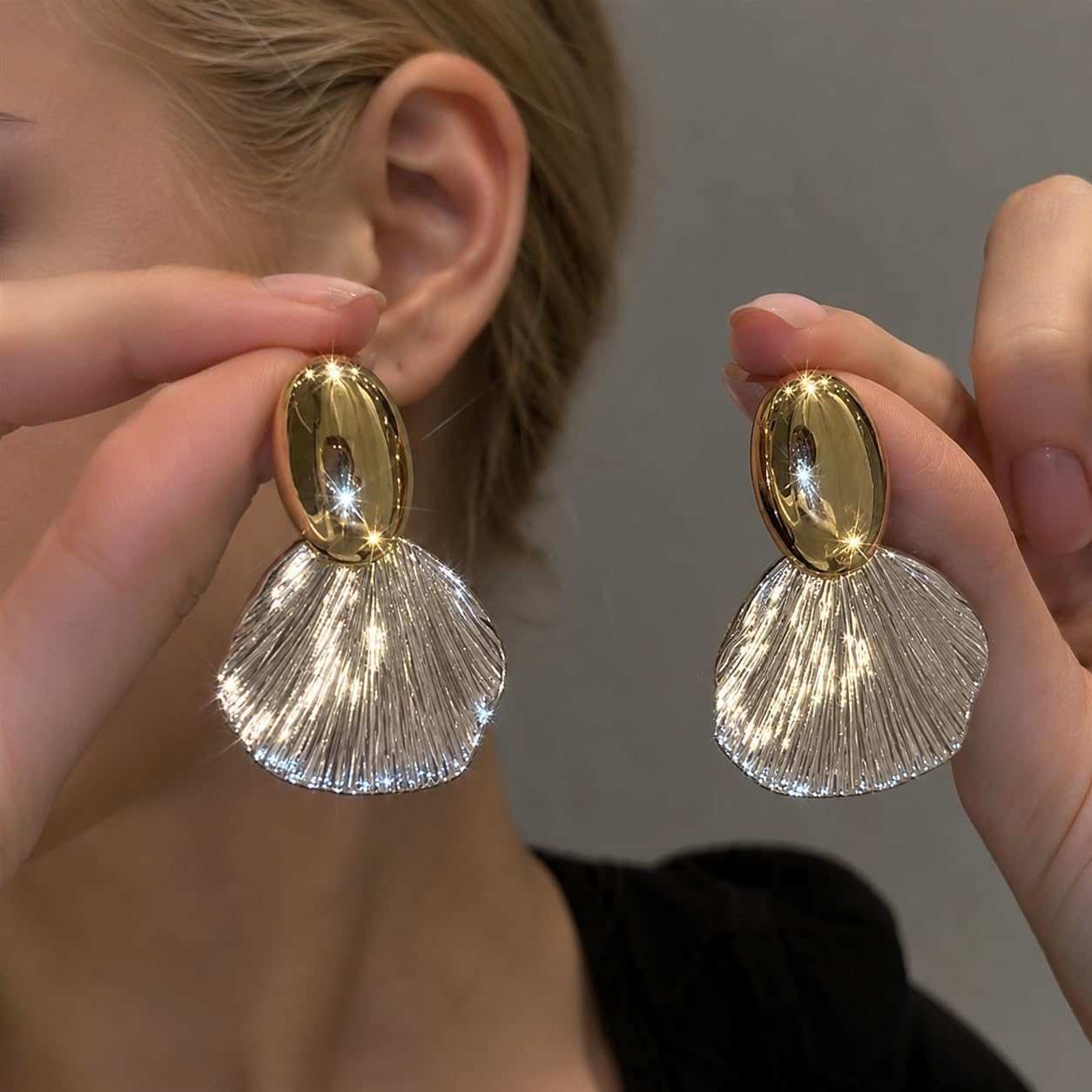 Shell Drop Earrings for Women, Gold Stud Fan Shape Dangle Earrings Beach Vacation Statement Jewelry for Summer Wear
