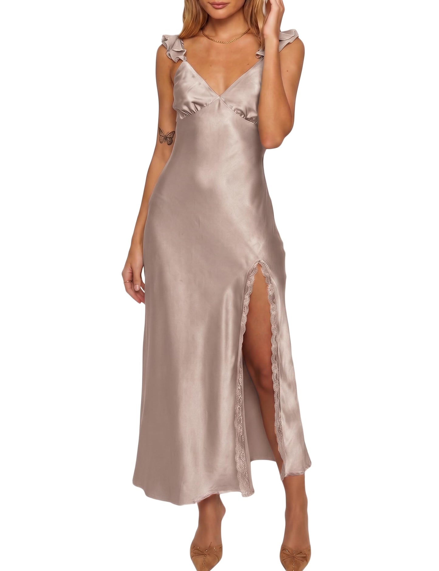 KOUNAI Women's Satin Summer Lace Slit Formal Midi Dress for Wedding Guest | Silk,Elegant,Ruffle Sleeve,Cocktail,Bridesmaid, Beach, Vacation,Party,Adjustable Straps,Graduation,Baby Showe,Engagement