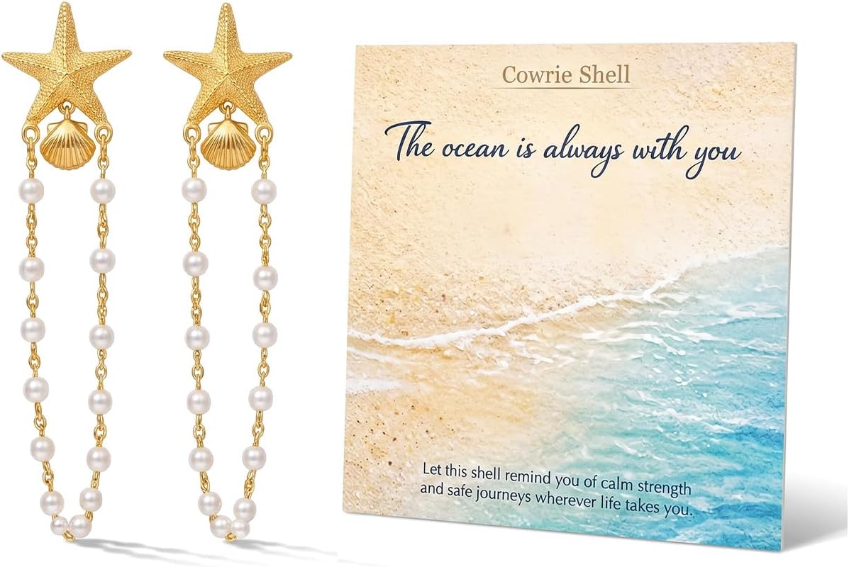 Starfish Shell Earrings for Women, Pearl Drop Beach Jewelry, Lightweight Ocean Dangle Accessories for Summer Vacation, Cruise Outfits, Tropical Resort Looks