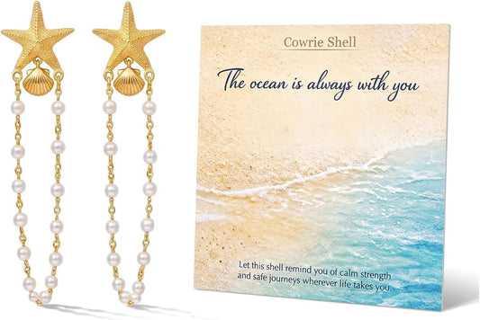 Starfish Shell Earrings for Women, Pearl Drop Beach Jewelry, Lightweight Ocean Dangle Accessories for Summer Vacation, Cruise Outfits, Tropical Resort Looks
