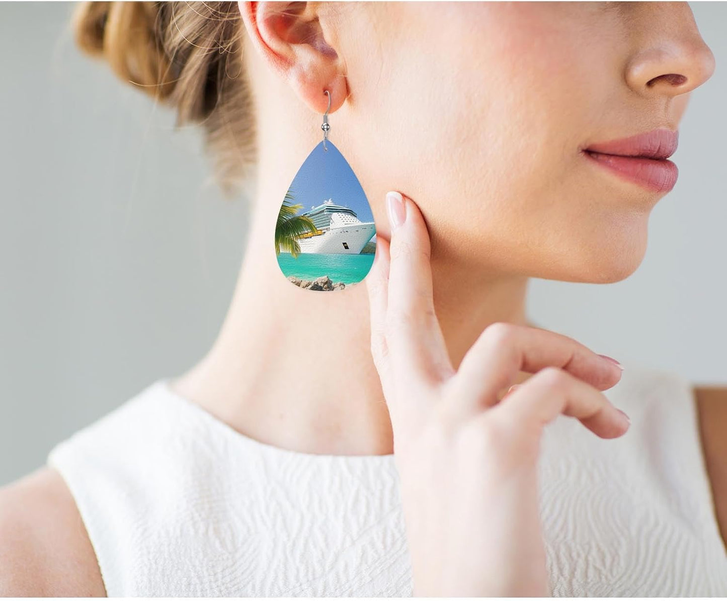 Sea Cruise Leather Teardrop Earrings Sailing Vacation Cruise Ship Tropical Summer Palm Beach Faux Leather Water Drop Earrings Jewelry For Women Friends Wedding