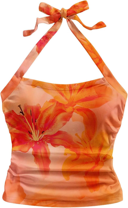 WDIRARA Women's Floral Tie Backless Ruched Halter Tops Sleeveless Beach Vacation Crop Top