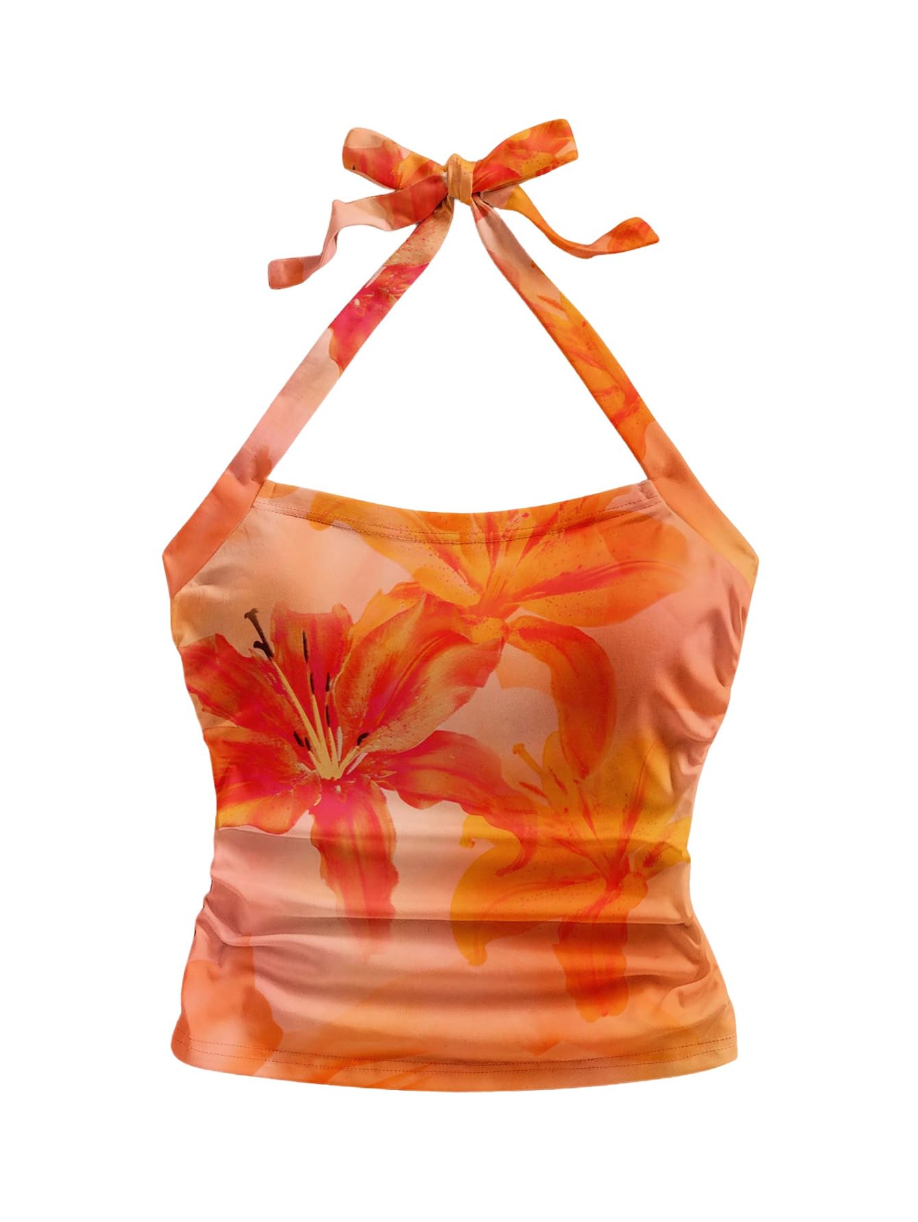 WDIRARA Women's Floral Tie Backless Ruched Halter Tops Sleeveless Beach Vacation Crop Top