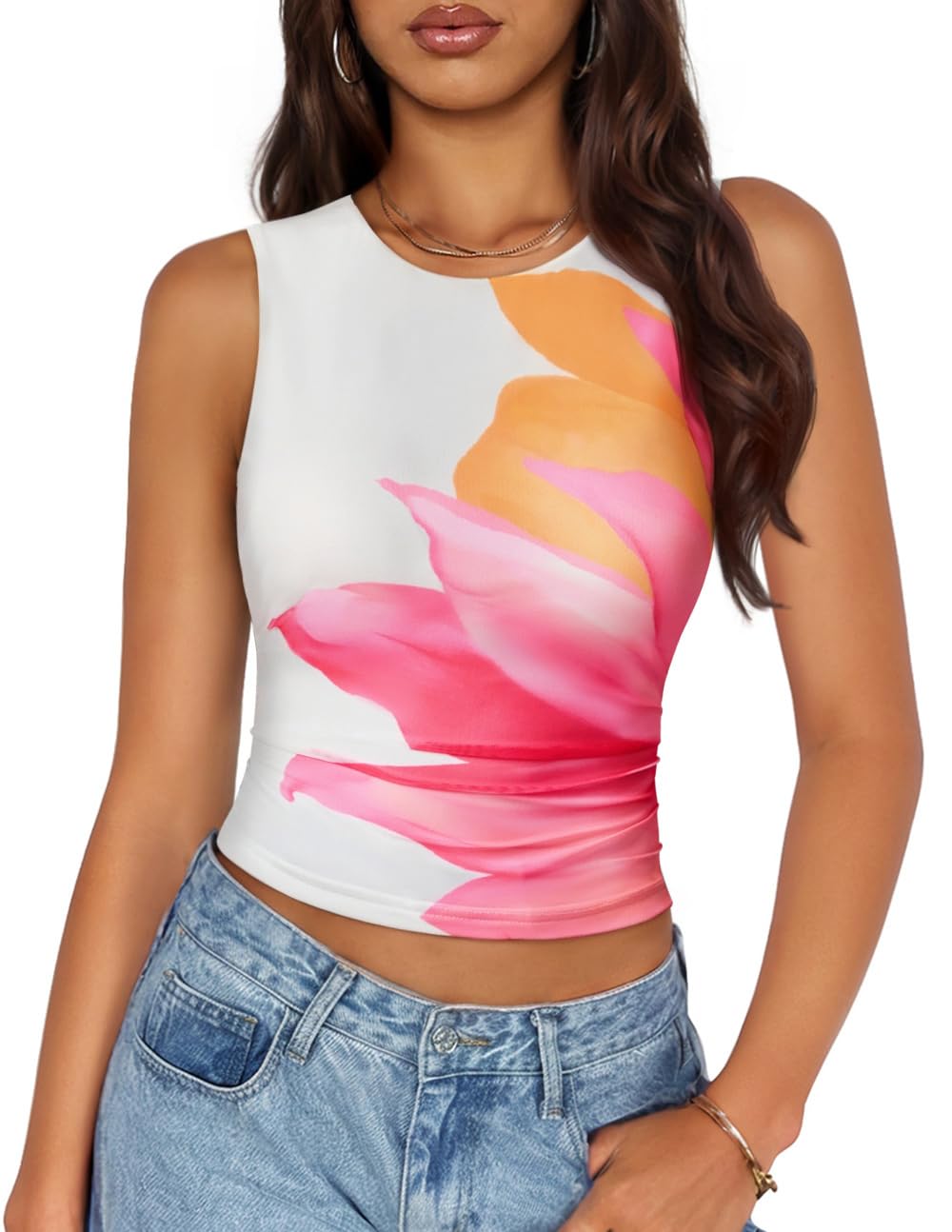 ZESICA Womens Summer Sleeveless Floral Mesh Y2K Going Out Tank Tops | Date Night, Clubwear, Party Tops, Concert Outfits, Beach Vacation, Fashion Trendy Clothes