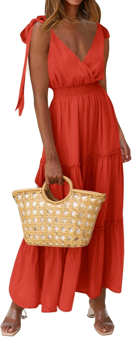 PRETTYGARDEN Women's Cross Neck Summer Sleeveless Tiered Maxi Dress Beach Tie Strap Smocked Long Dresses Pleated Sundress
