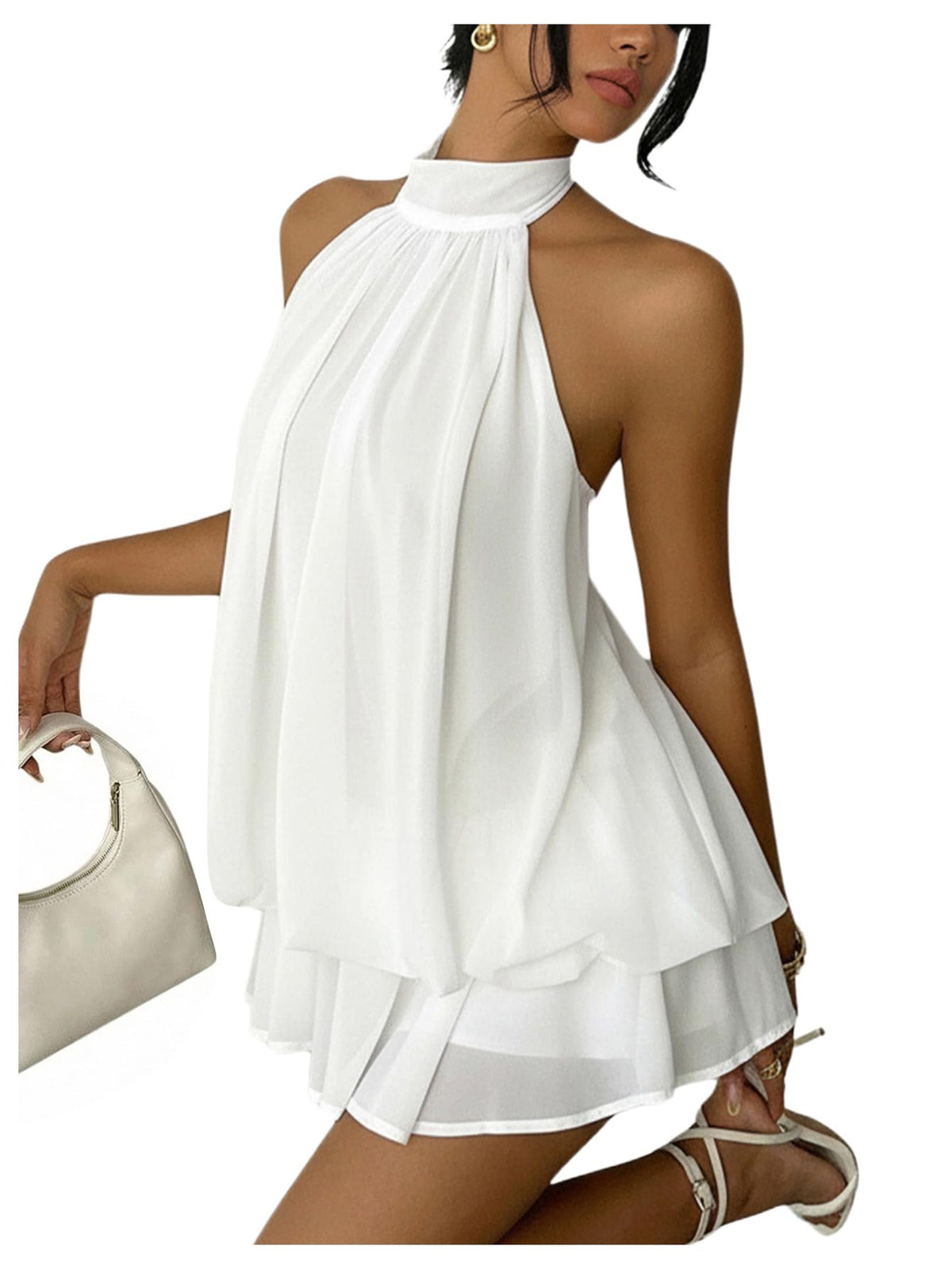 Verdusa Women's Chiffon Halter Drop Waist Flowy Wedding Guest Mini Dresses | Sleeveless, Ruffle Hem, Loose Fit, Brunch Outfits, Birthday, Going Out, Cocktail, Y2k