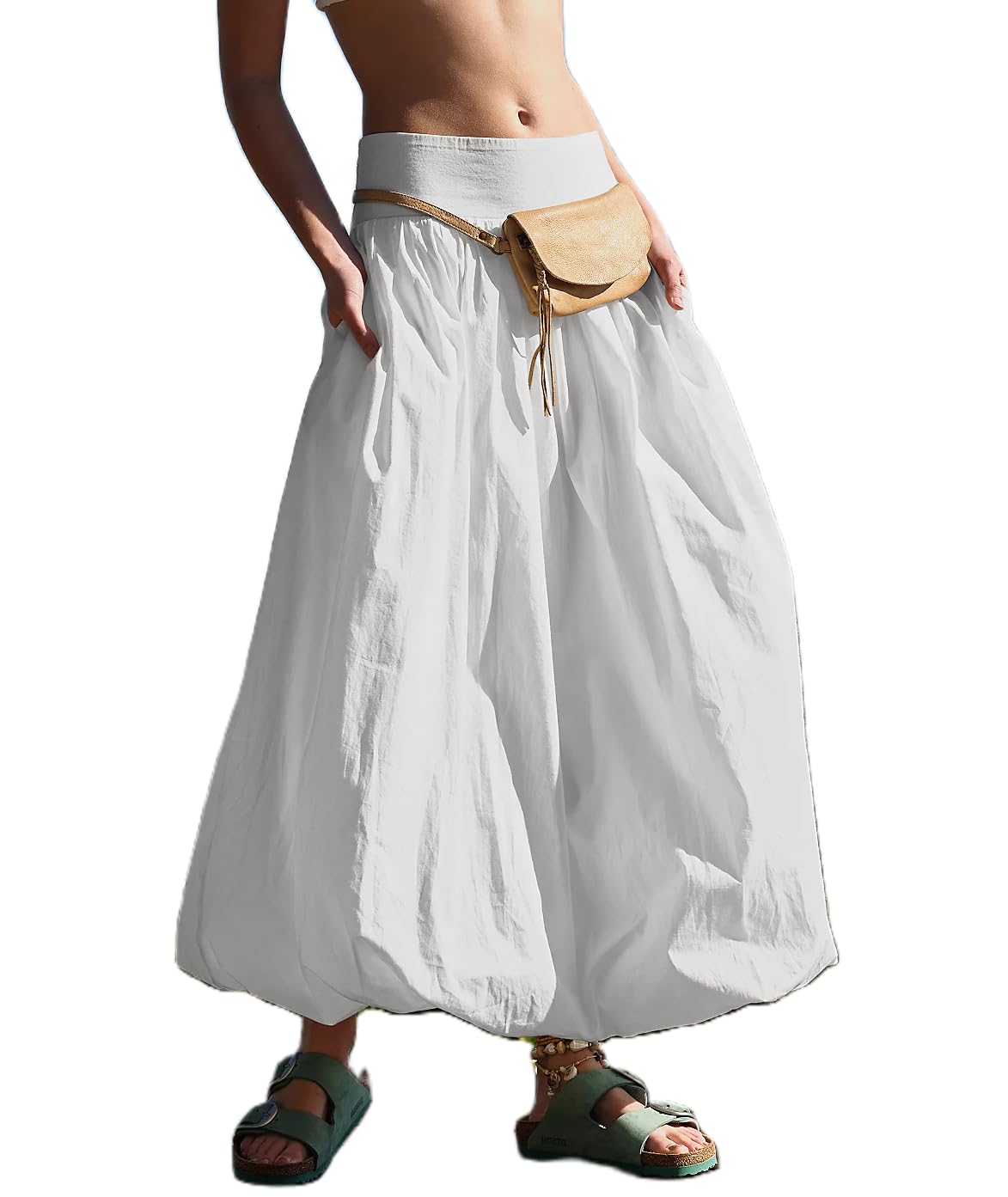 NUFIWI Women Y2k Bubble Maxi Skirt Low Elastic Waist A Line Long Skirt Summer Casual Ruffle Pleated Midi Dress
