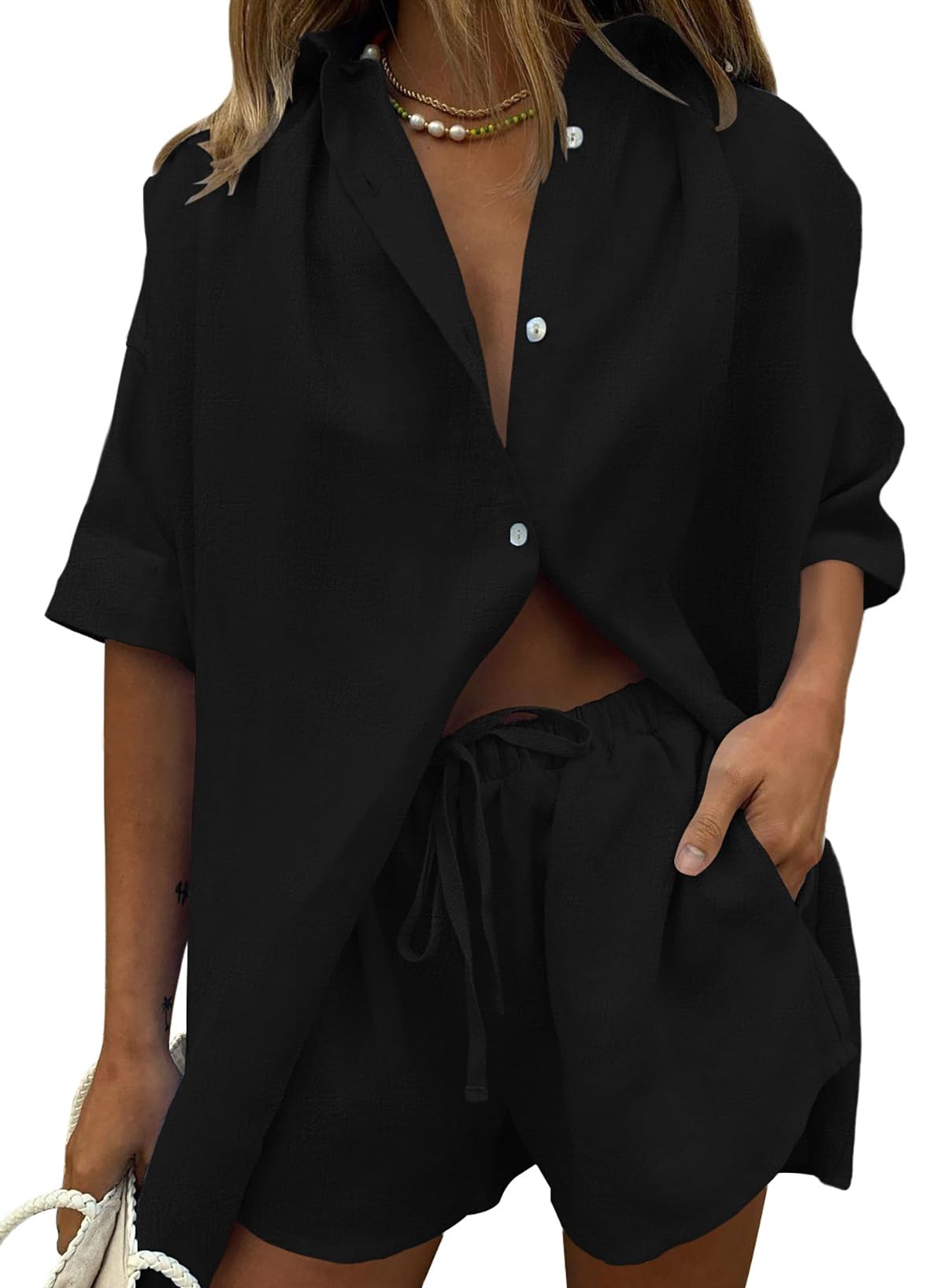 Fixmatti Women 2 Piece Outfits Long Sleeve Button Down Blouse and Shorts Sweatsuit Sets