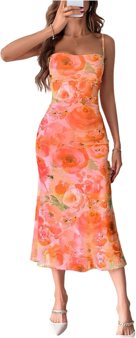 GORGLITTER Women's Floral Wedding Guest Bridal Shower Cocktail Midi Dress | Wedding Dresses for Bride, Bridesmaid, Orange Dress Women, Vacation Sunset Beach Outfits Woman