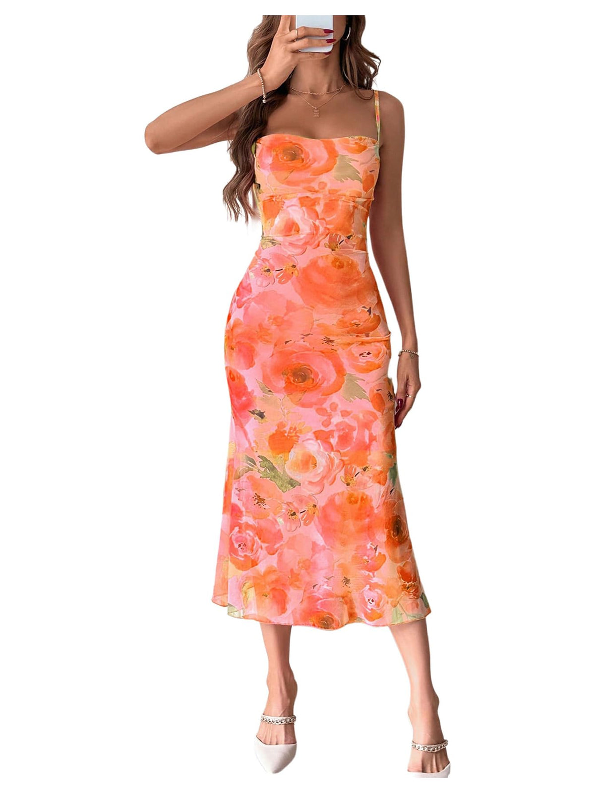 GORGLITTER Women's Floral Wedding Guest Bridal Shower Cocktail Midi Dress | Wedding Dresses for Bride, Bridesmaid, Orange Dress Women, Vacation Sunset Beach Outfits Woman