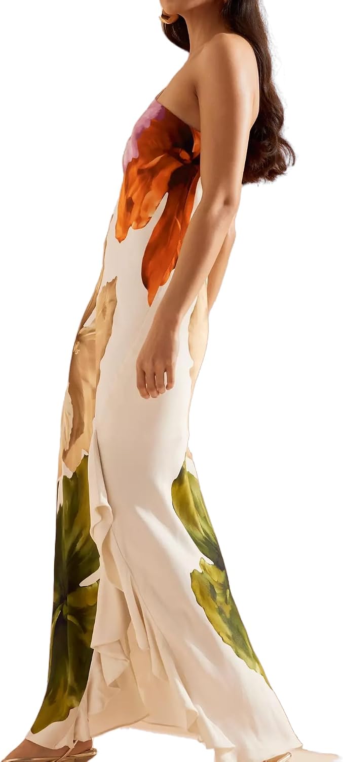Women's Summer Maxi Casual Floral Ruffle High Low One Shoulder Club Party Long Split Dresses