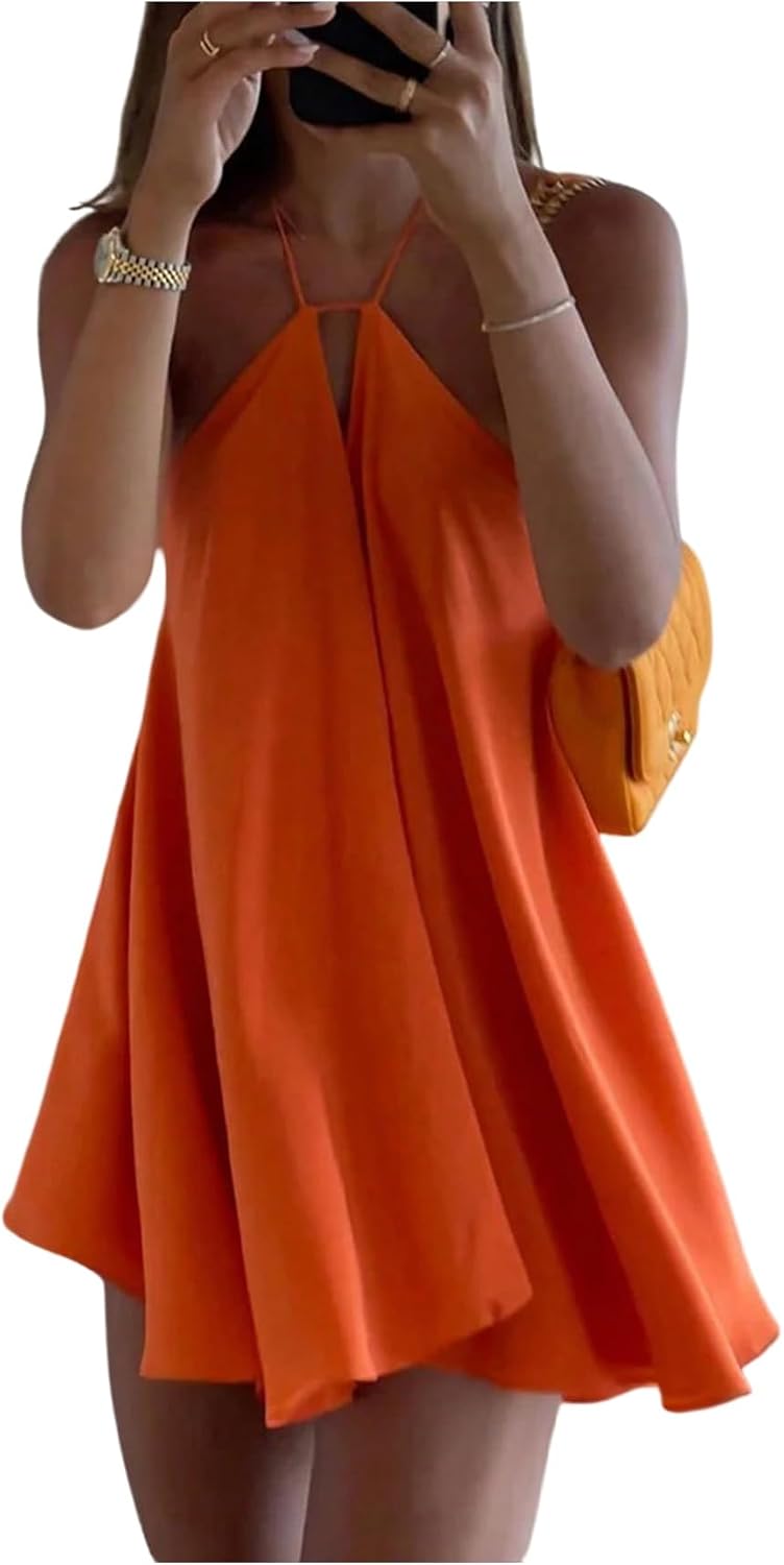 SOLY HUX Women's Halter Neck Tie Backless Sleeveless Mini Dresses | Swing Flowy, Beach, Summer, Vacation, Clothes