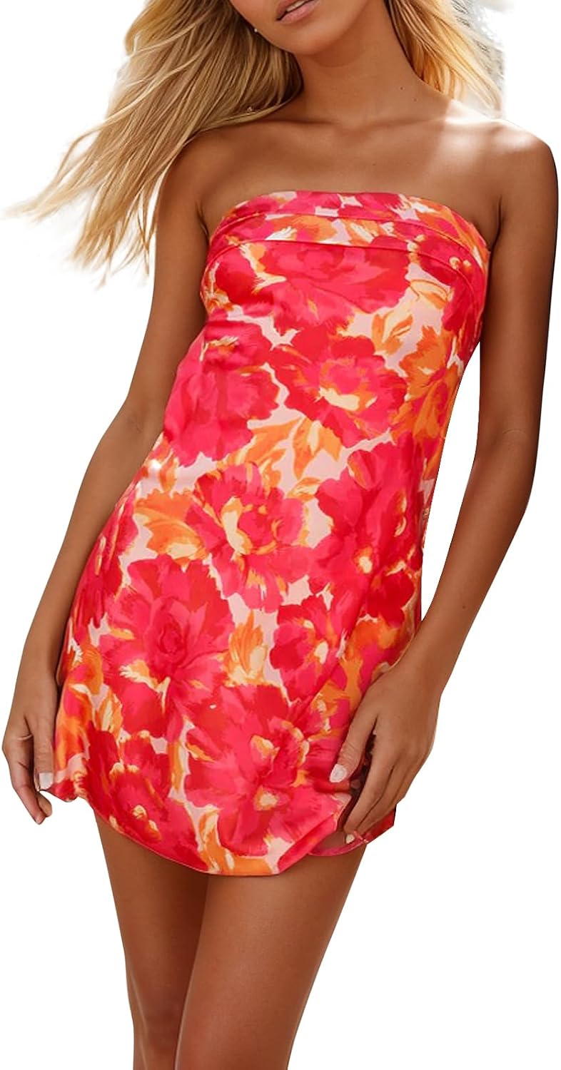 Women's Sexy Tube Dress Summer Y2K Floral Print Strapless Bodycon Mini Dress Date Night Party Club Bandeau Short Dresses