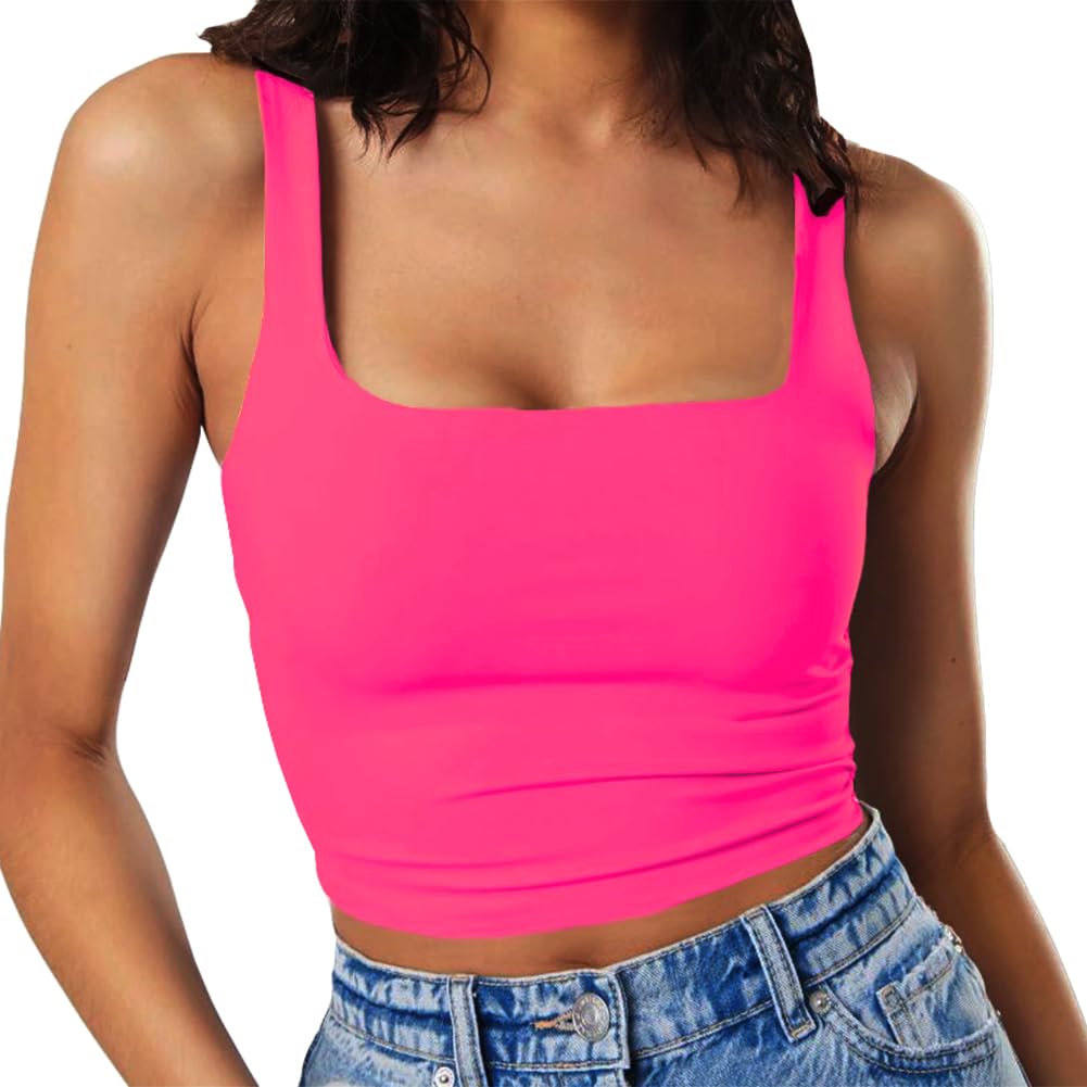 Artfish Women's Sleeveless Strappy Tank Square Neck Double Layer Workout Fitness Casual Basic Crop Tops