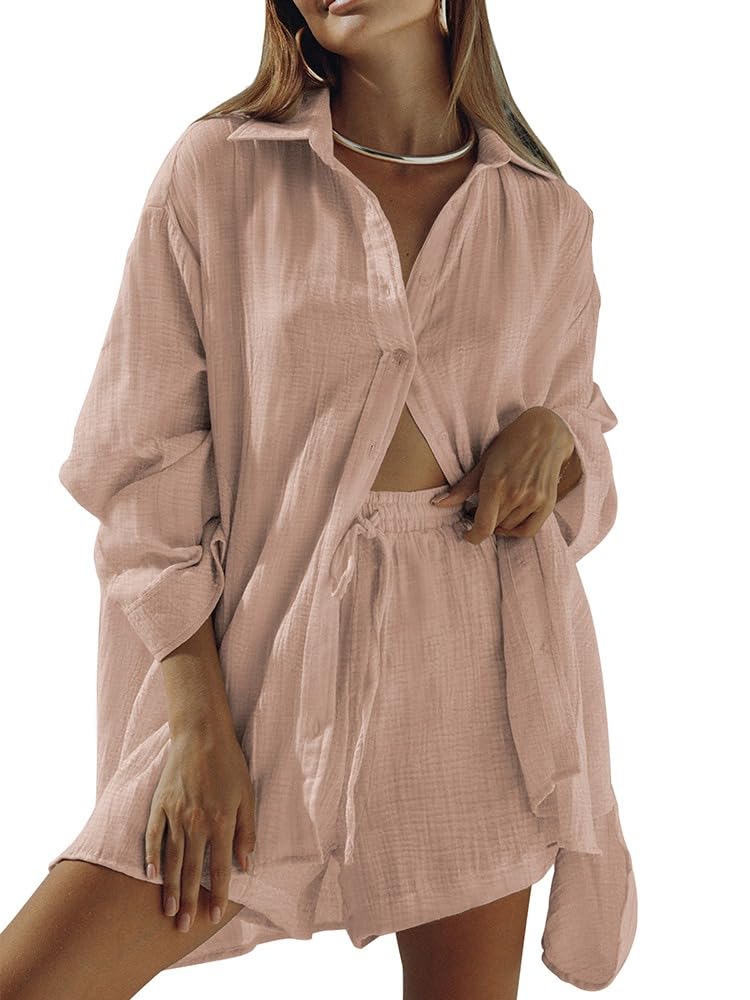 Fixmatti Women 2 Piece Outfits Long Sleeve Button Down Blouse and Shorts Sweatsuit Sets
