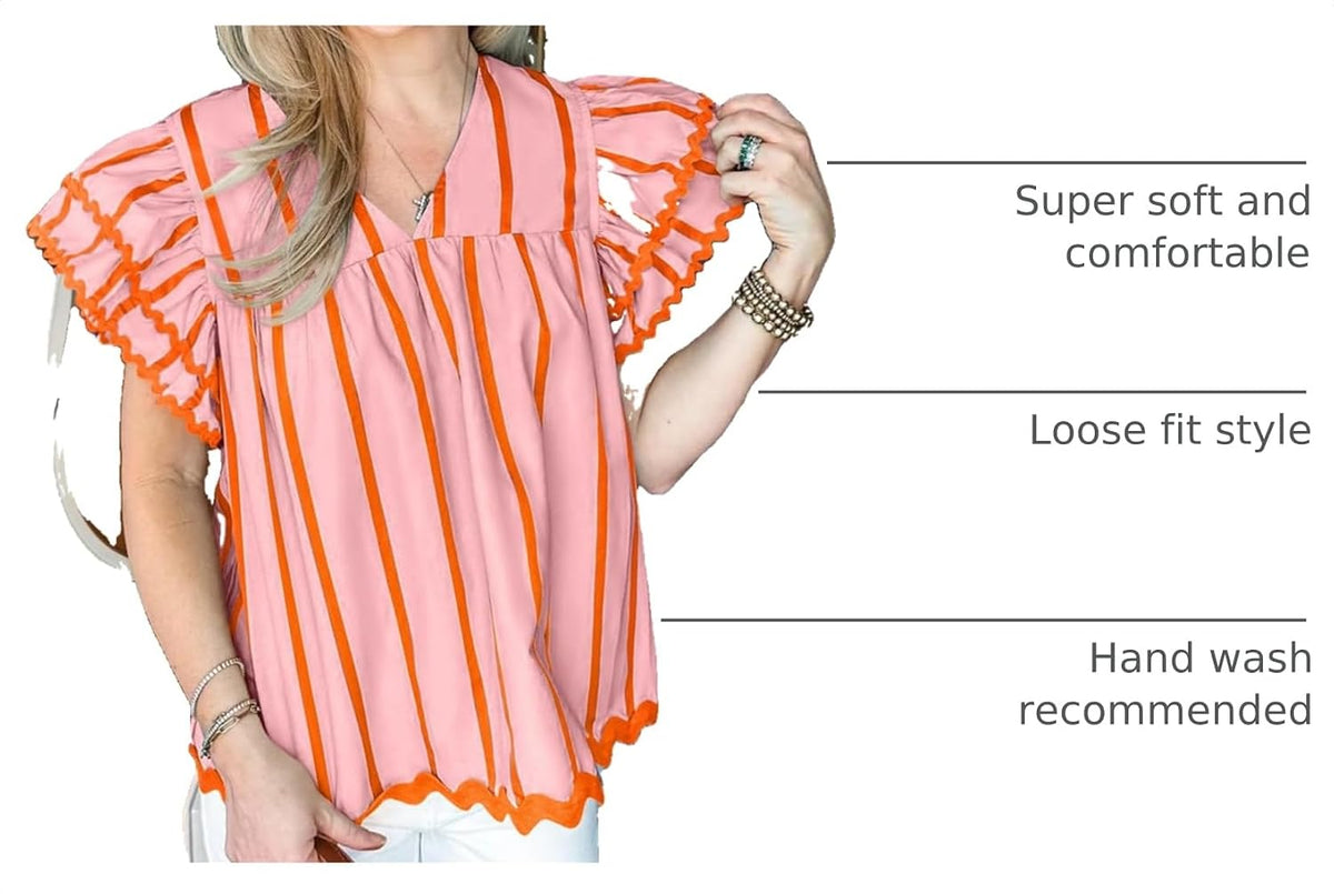 Tankaneo Womens Ruffle Short Sleeve Blouse V Neck Striped Pleated Trim Shirts Summer Casual Loose Fit Tops