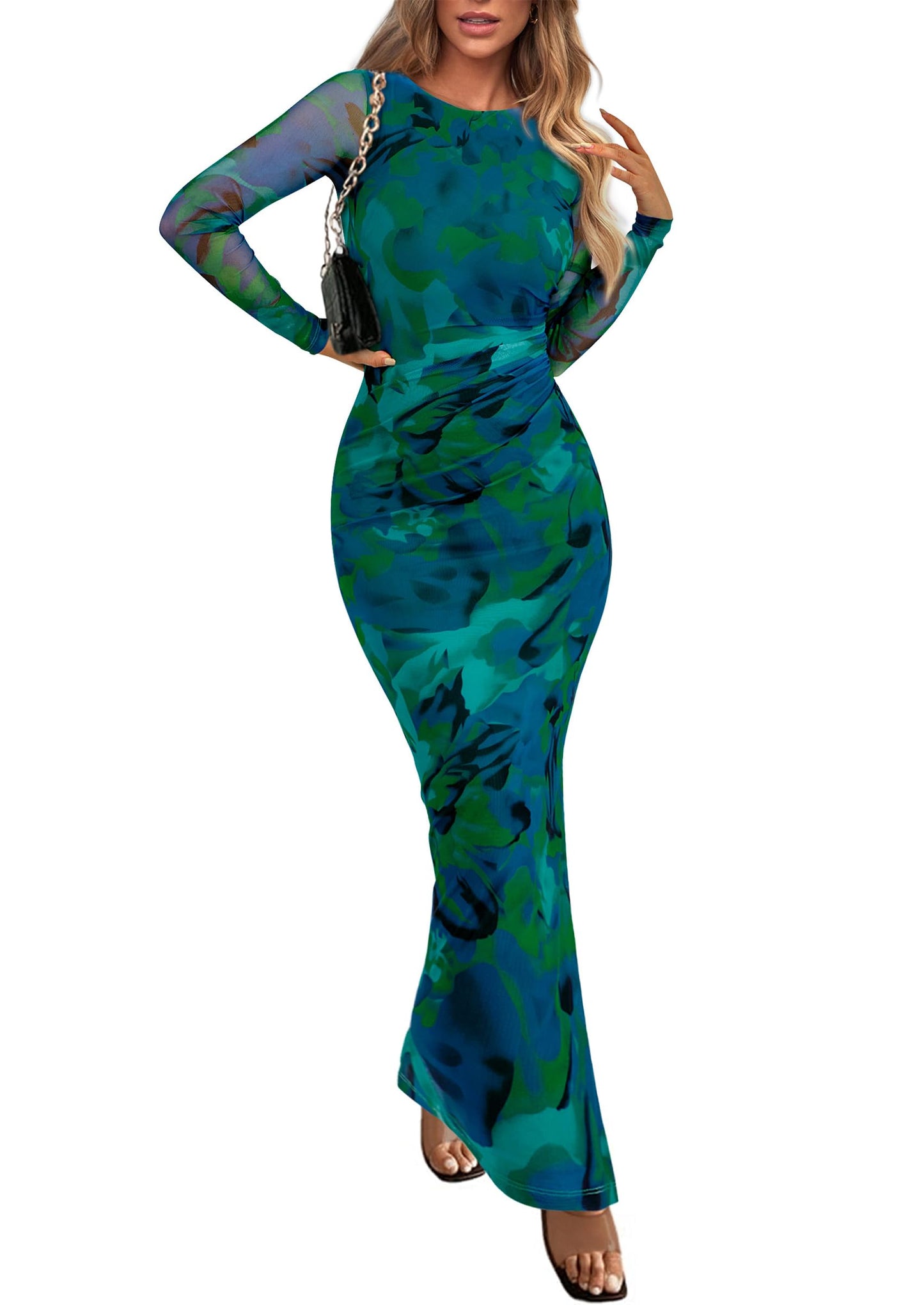 PRETTYGARDEN Women's Floral Bodycon Maxi Fall Dress | Sheer Mesh, Boho Tie Dye, Long Sleeve Fitted, Ruched Waist, Wedding Guest, Cocktail Party Holiday, Elegant Spring Outfits