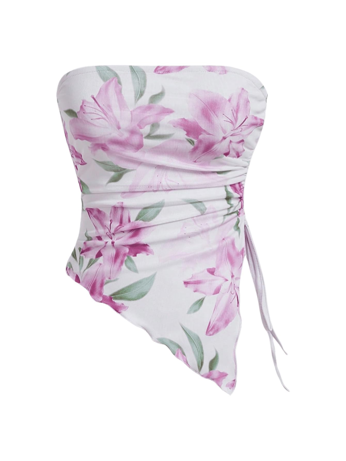 WDIRARA Women's Floral Strapless Side Ruched Asymmetrical Hem Tube Top | Y2k Floral, Strapless, Asymmetrical Hem, Side Ruched, Bandeau Crop Top