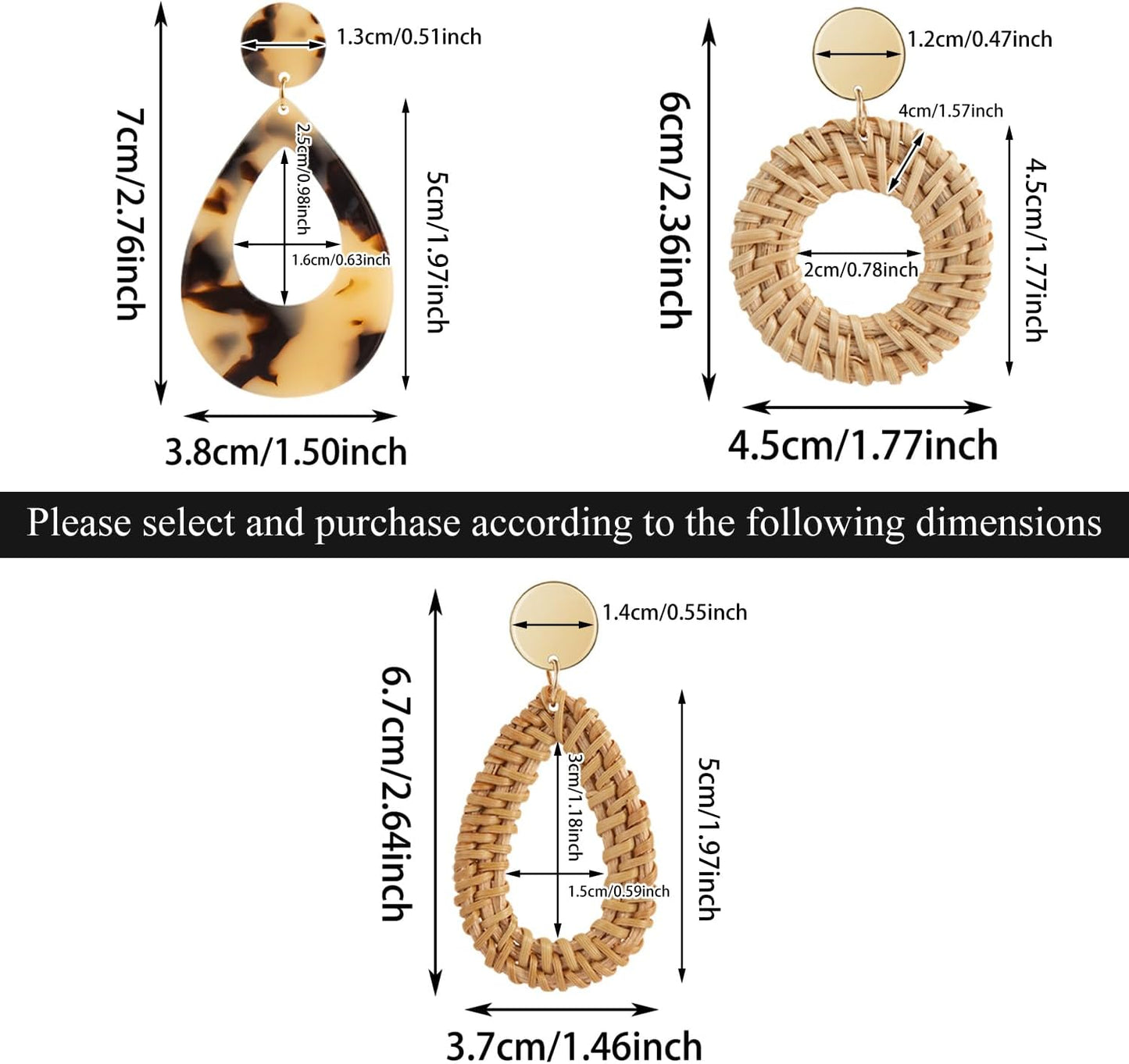 Ponpon 6-18 Pairs Earrings for Women, Lightweight Summer Earrings Straw Earrings Fashion Geometric Statement Hoop Dangle Drop Earrings for Women