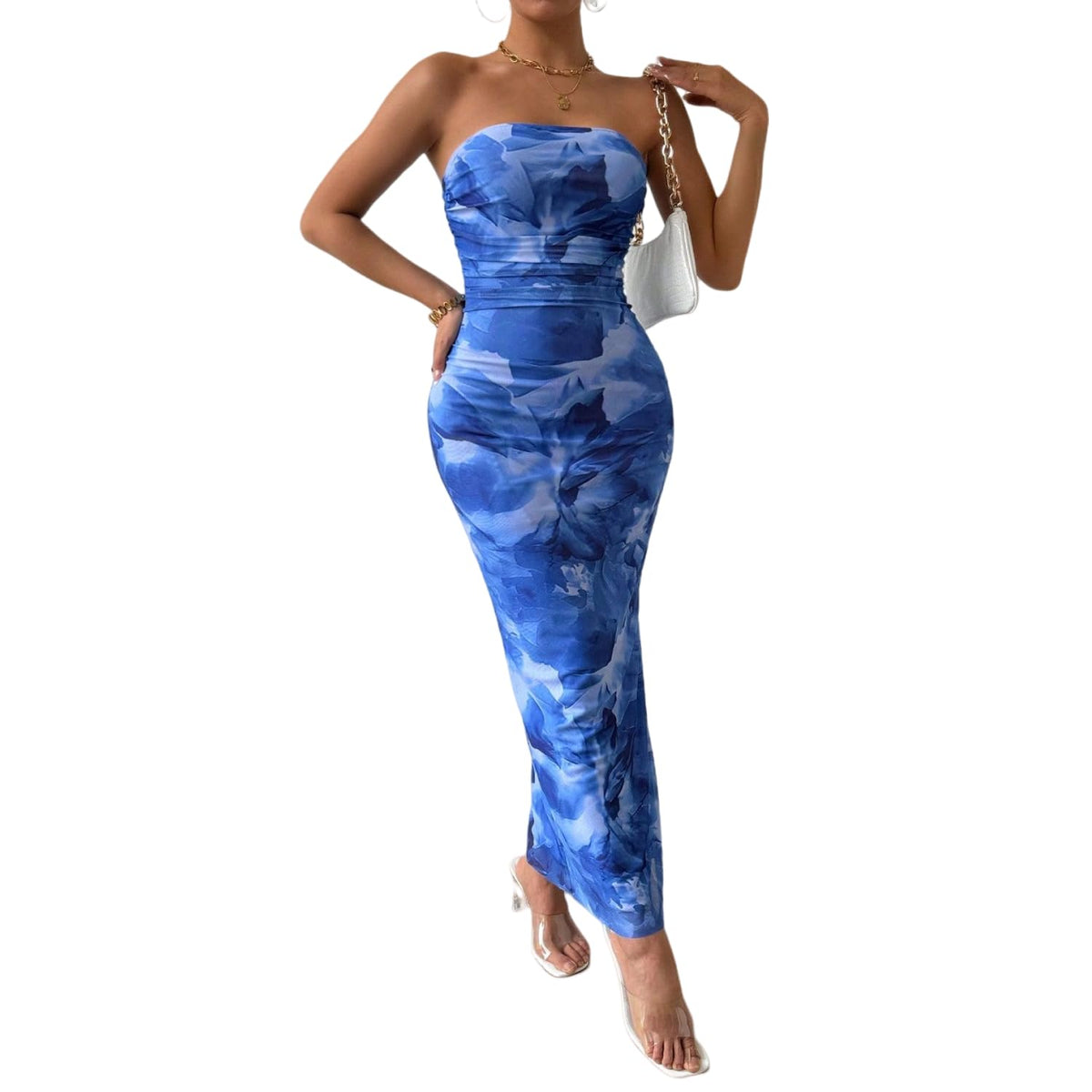 LIGHT DOT Women's Summer Dress Printed Strapless Tube Bodycon Maxi Side Slit Mesh Layered