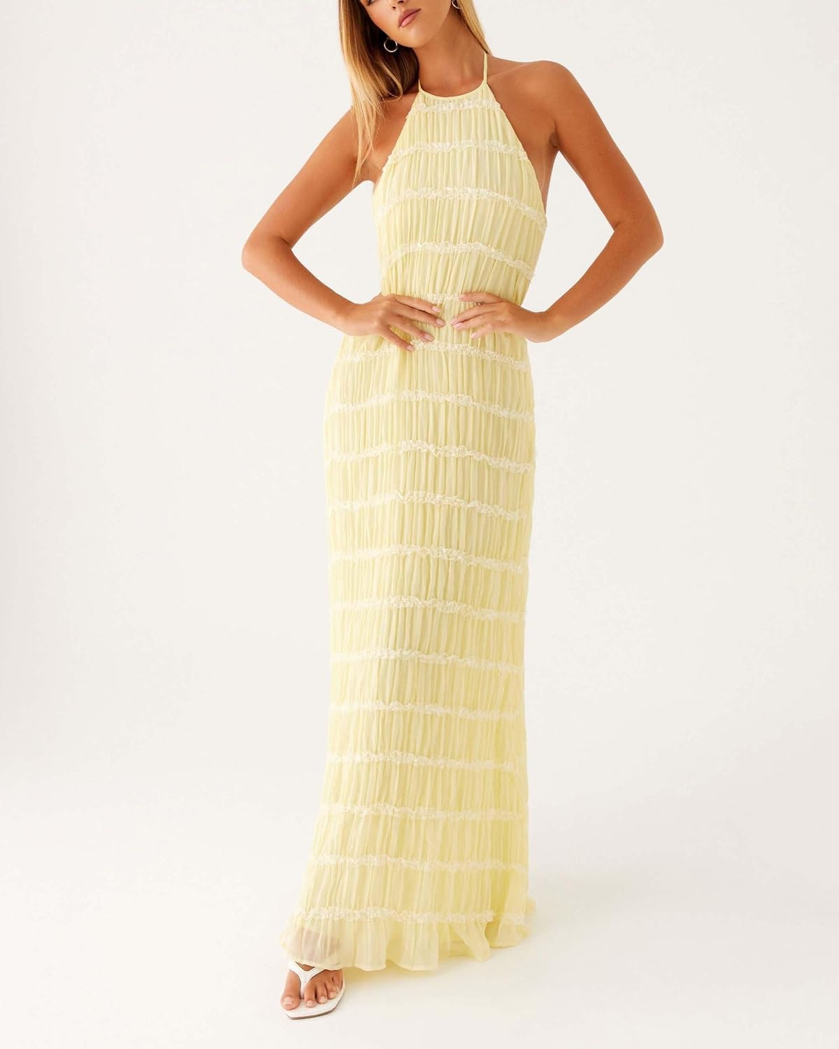 Women Halter Flowy Vacation Long Dress Sexy Sheer Ruched Backless Dress Y2k Sleeveless Beach Tiered Maxi Sundresses