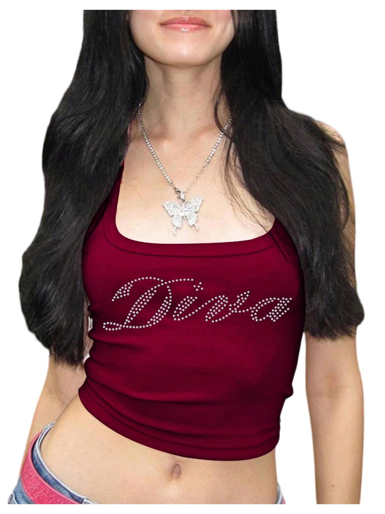 WDIRARA Women's Letter Rhinestone Crop Tank Top Y2k Rib Knit Tops | Racerback Square Neck Sleeveless
