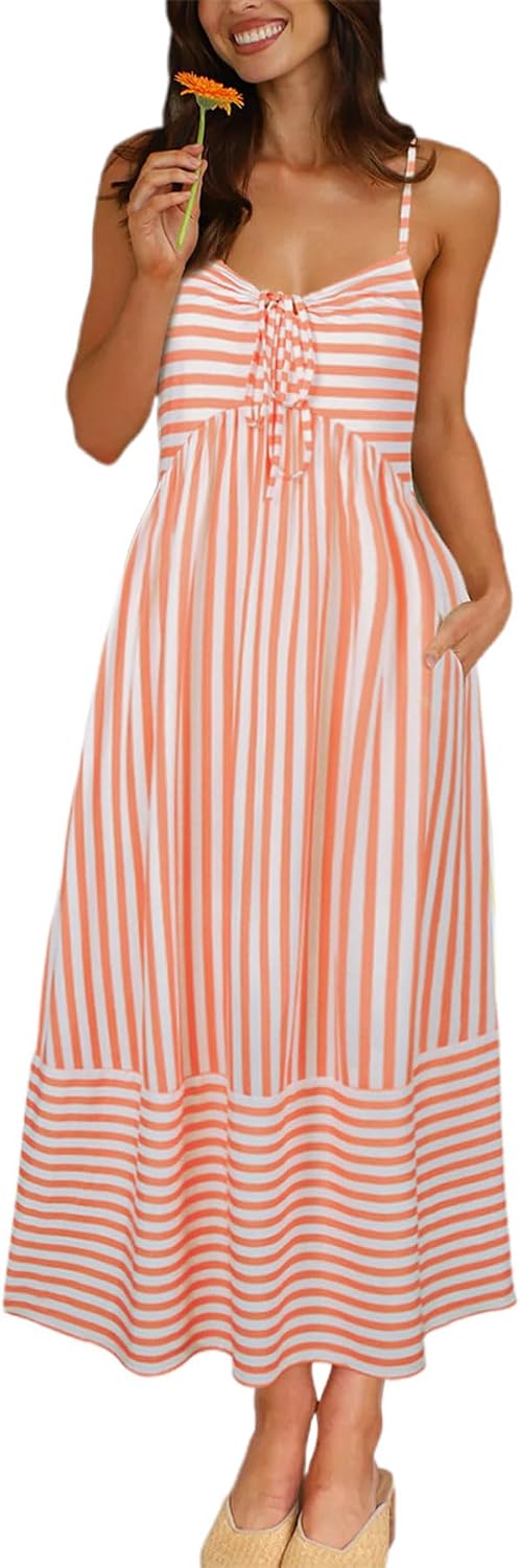 Fashionme 2026 Women Summer Boho Maxi Dresses Vacation Beach with Pockets | Striped,Sleeveless Back Shirred Beach Long Sundresses, A Line Spaghetti Strap,Back Tie V Neck,Trendy,Soft Knit Dress, S-XL
