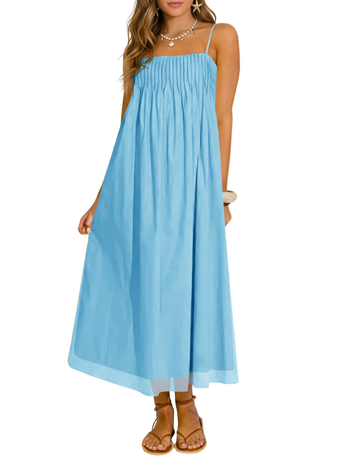 Wenrine Women's Summer Boho Maxi Dresses Spaghetti Straps Chiffon Sundress | Beach Vacation, Flowy, Linen, Casual, Loose, Pleated, Sleeveless, Midi Long Dress with Pockets