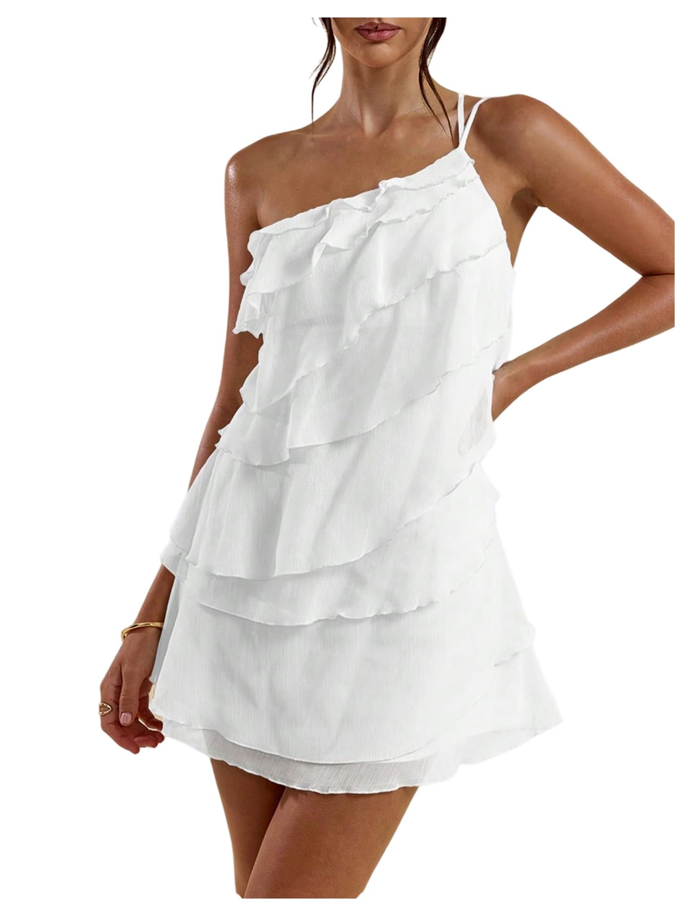 SOLY HUX Women's One Shoulder Ruffle Mini Dress | Ruffle,Mesh,Layered,Backless,Party Dresses,Cocktail
