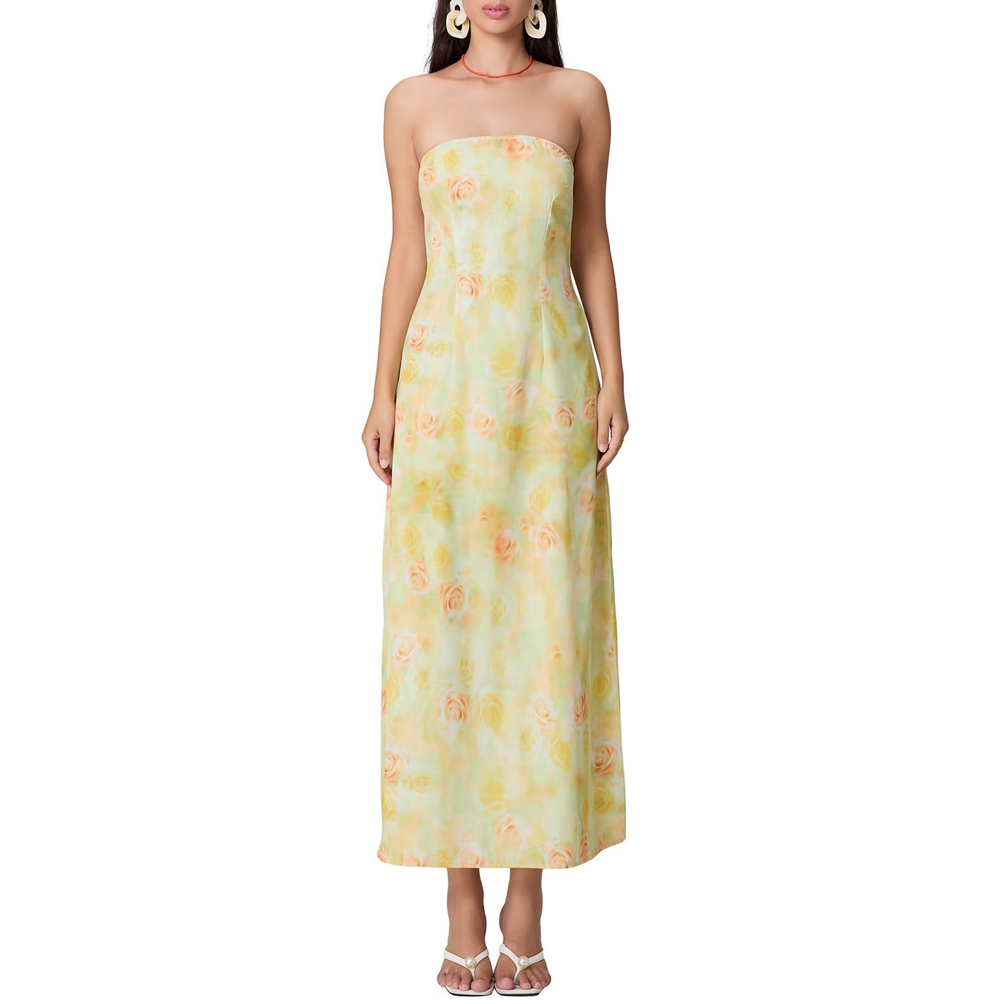 Women Strapless Floral Dress Bodycon Tube Printed Sleeveless Mesh Long Party Boho Beach Flowy Summer Maxi Dress
