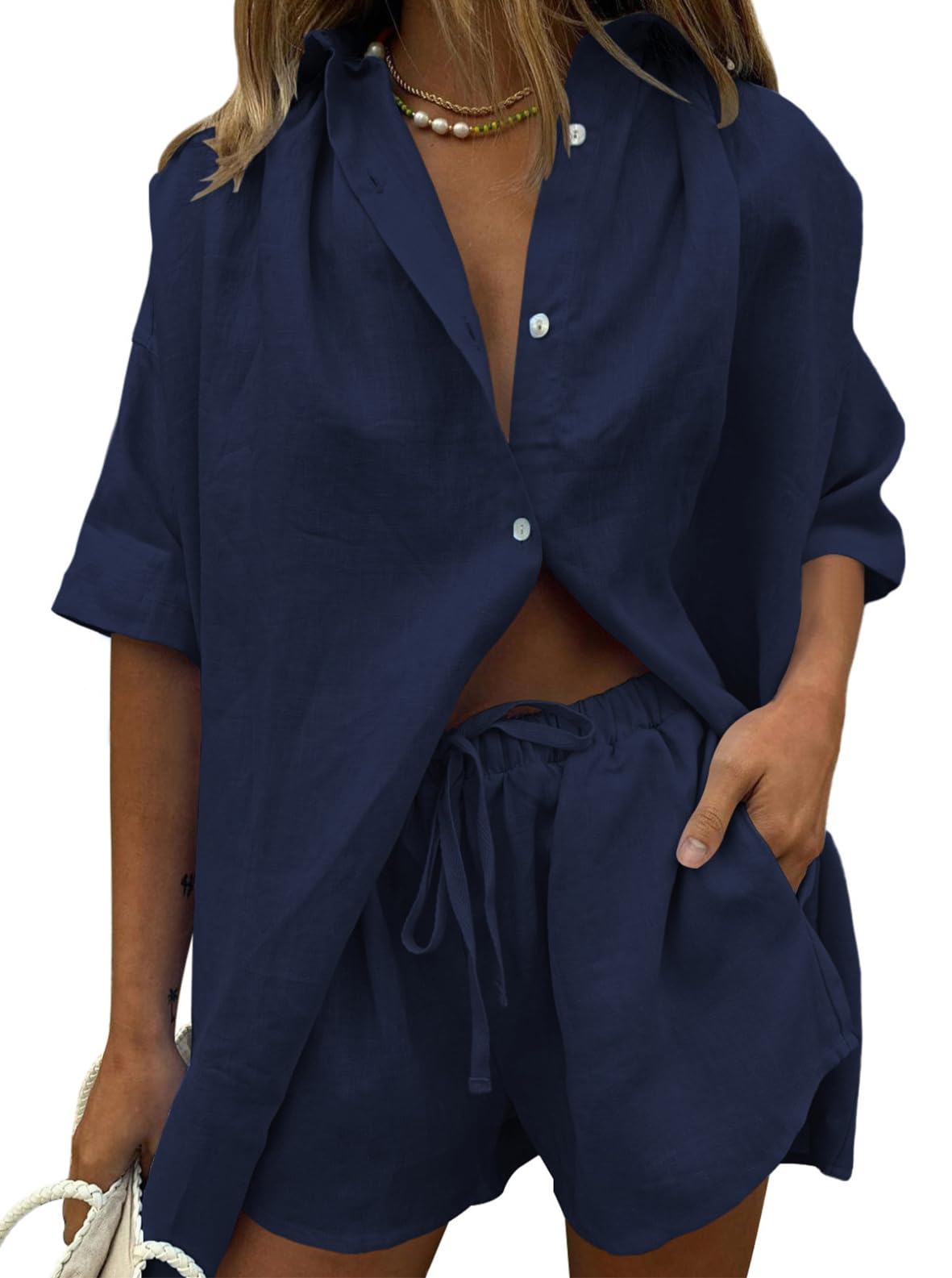 Fixmatti Women 2 Piece Outfits Long Sleeve Button Down Blouse and Shorts Sweatsuit Sets