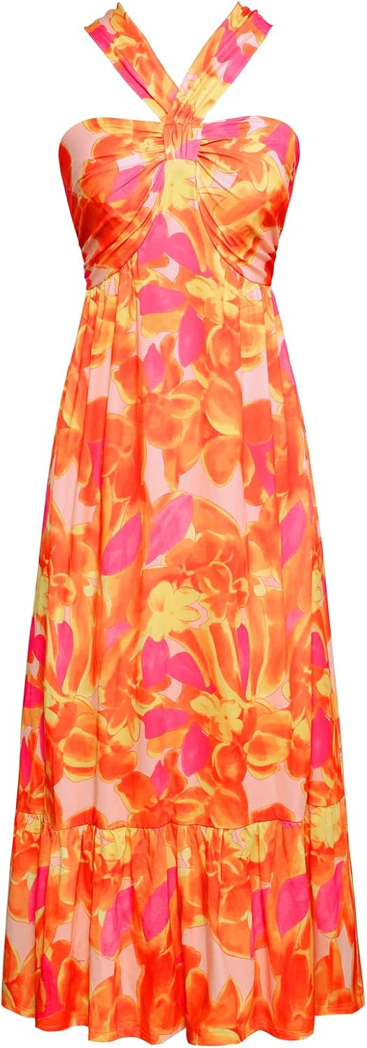 GRACE KARIN Womens Summer Floral Halter Boho Maxi Dresses | 2026 Flowy Criss Cross A Line Long Sundress Casual Tropical Vacation Beach Clothes Wedding Guest Dress With Pocket