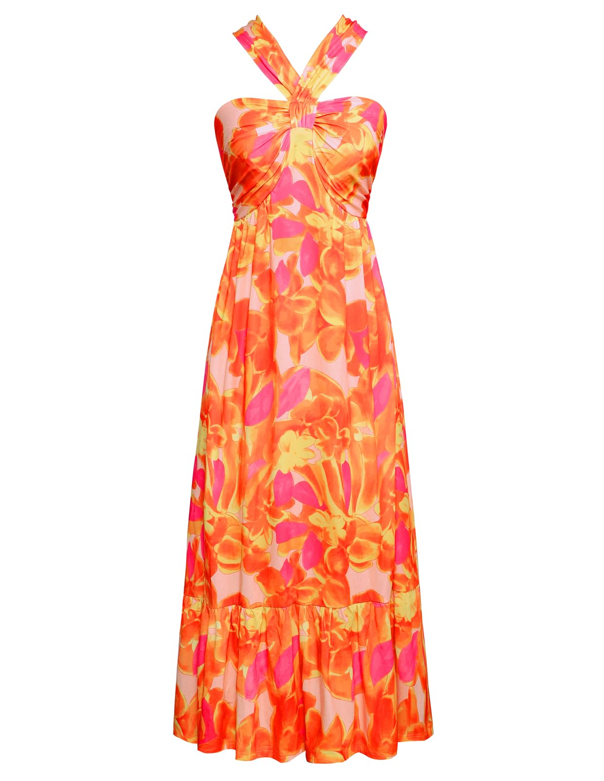 GRACE KARIN Womens Summer Floral Halter Boho Maxi Dresses | 2026 Flowy Criss Cross A Line Long Sundress Casual Tropical Vacation Beach Clothes Wedding Guest Dress With Pocket
