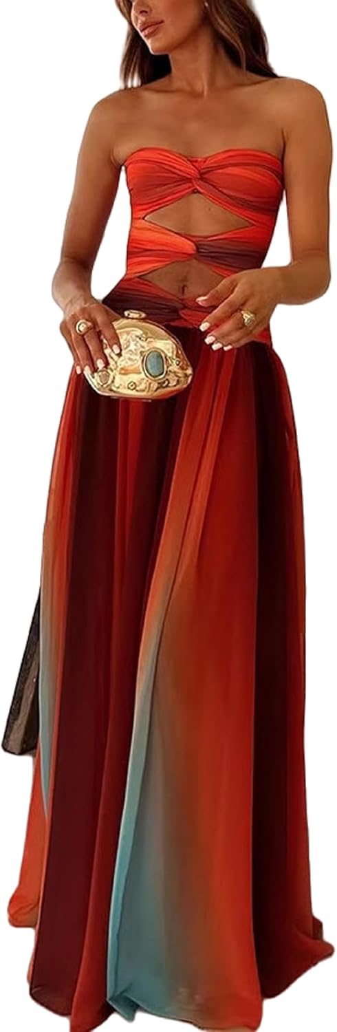UAURORAO Women Mesh Cut Out Maxi Dress Strapless Twist Front Gradient Long Dresses Elegant Flowy Beach Sunset Dress