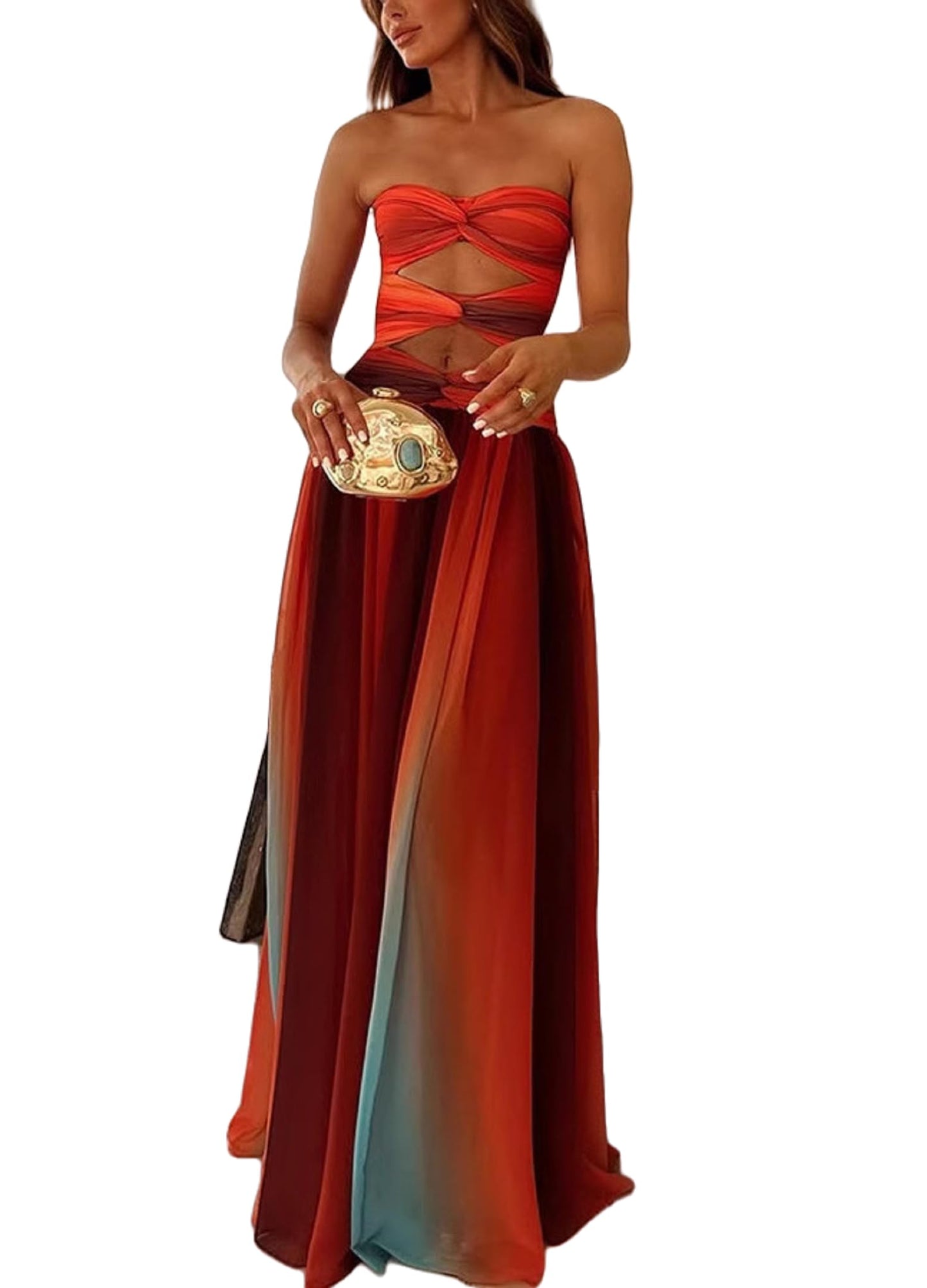UAURORAO Women Mesh Cut Out Maxi Dress Strapless Twist Front Gradient Long Dresses Elegant Flowy Beach Sunset Dress